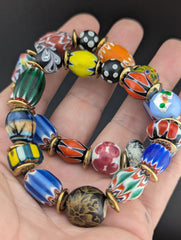 LOT 2 Venetian African Style floral and Chevron Glass Beads Bracelet