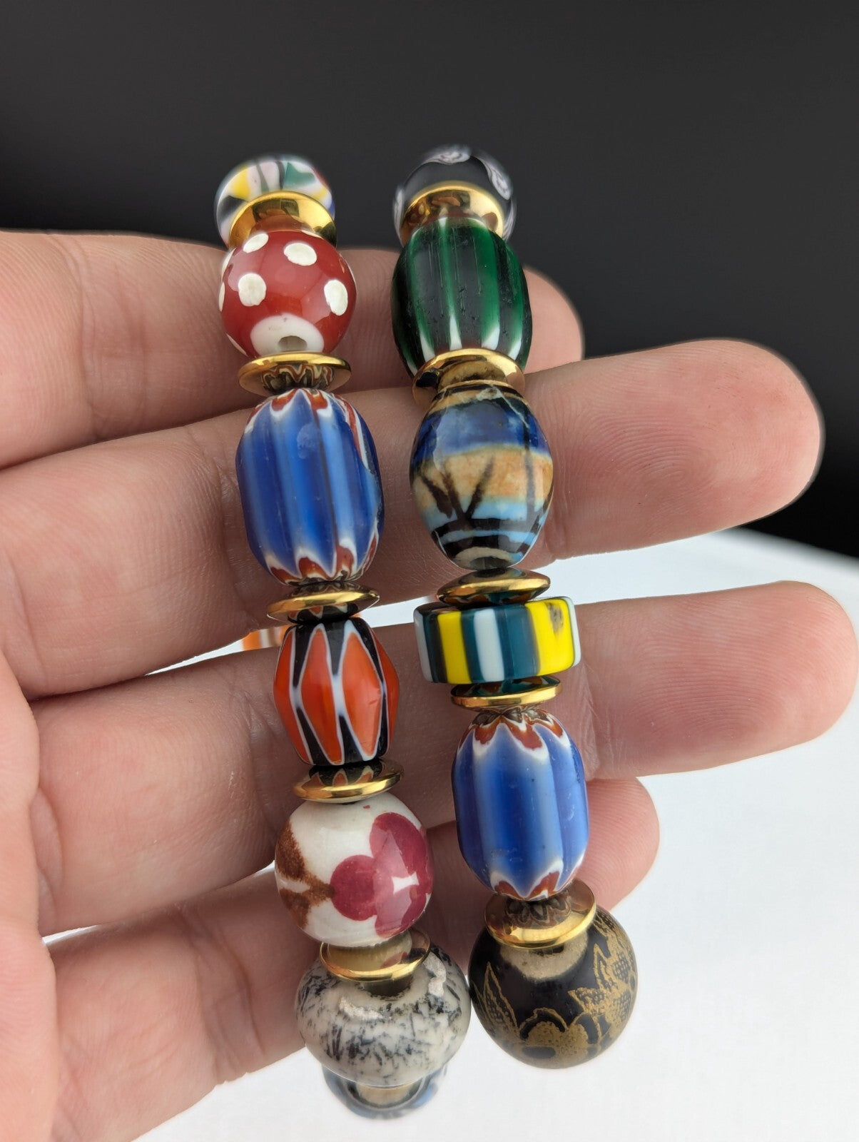 LOT 2 Venetian African Style floral and Chevron Glass Beads Bracelet