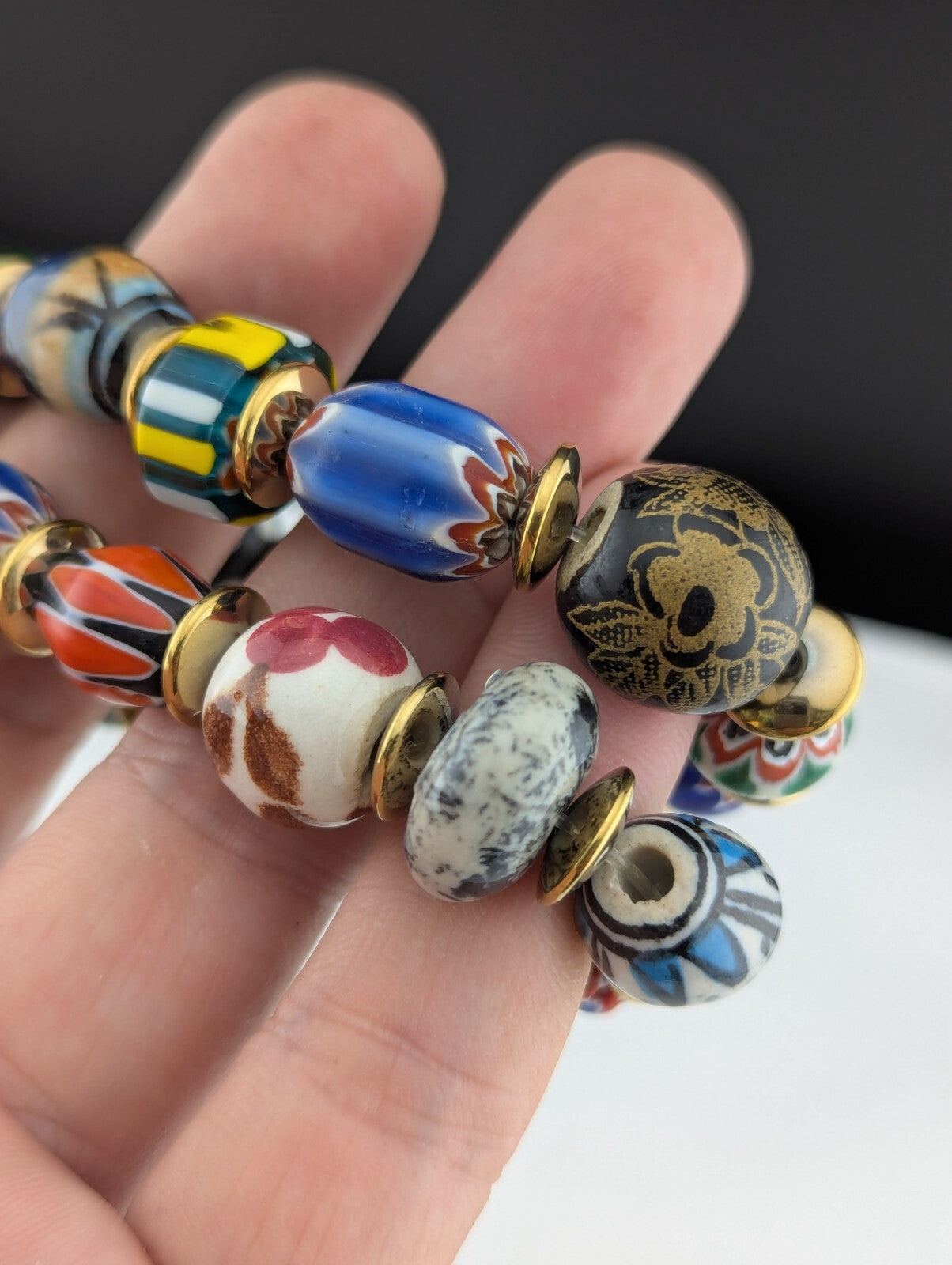 LOT 2 Venetian African Style floral and Chevron Glass Beads Bracelet