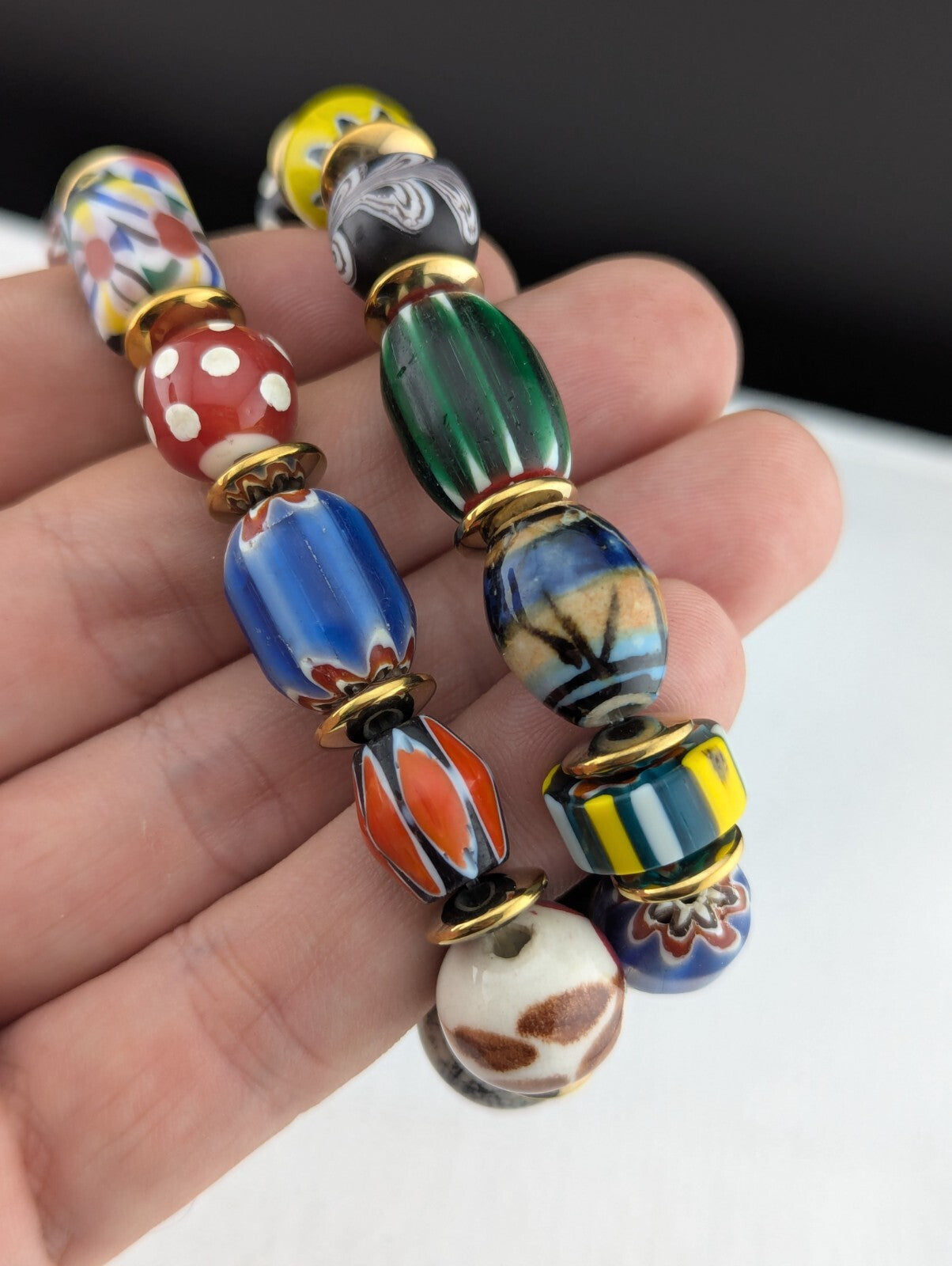 LOT 2 Venetian African Style floral and Chevron Glass Beads Bracelet