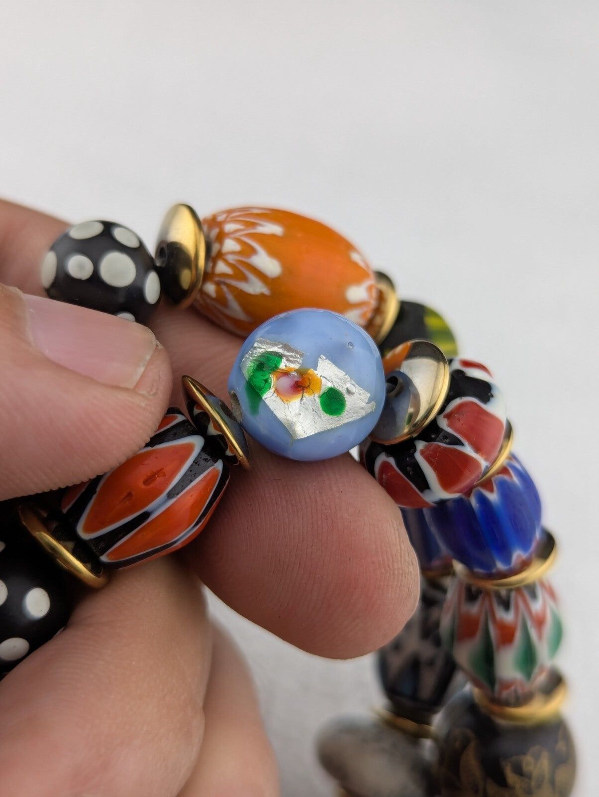 LOT 2 Venetian African Style floral and Chevron Glass Beads Bracelet