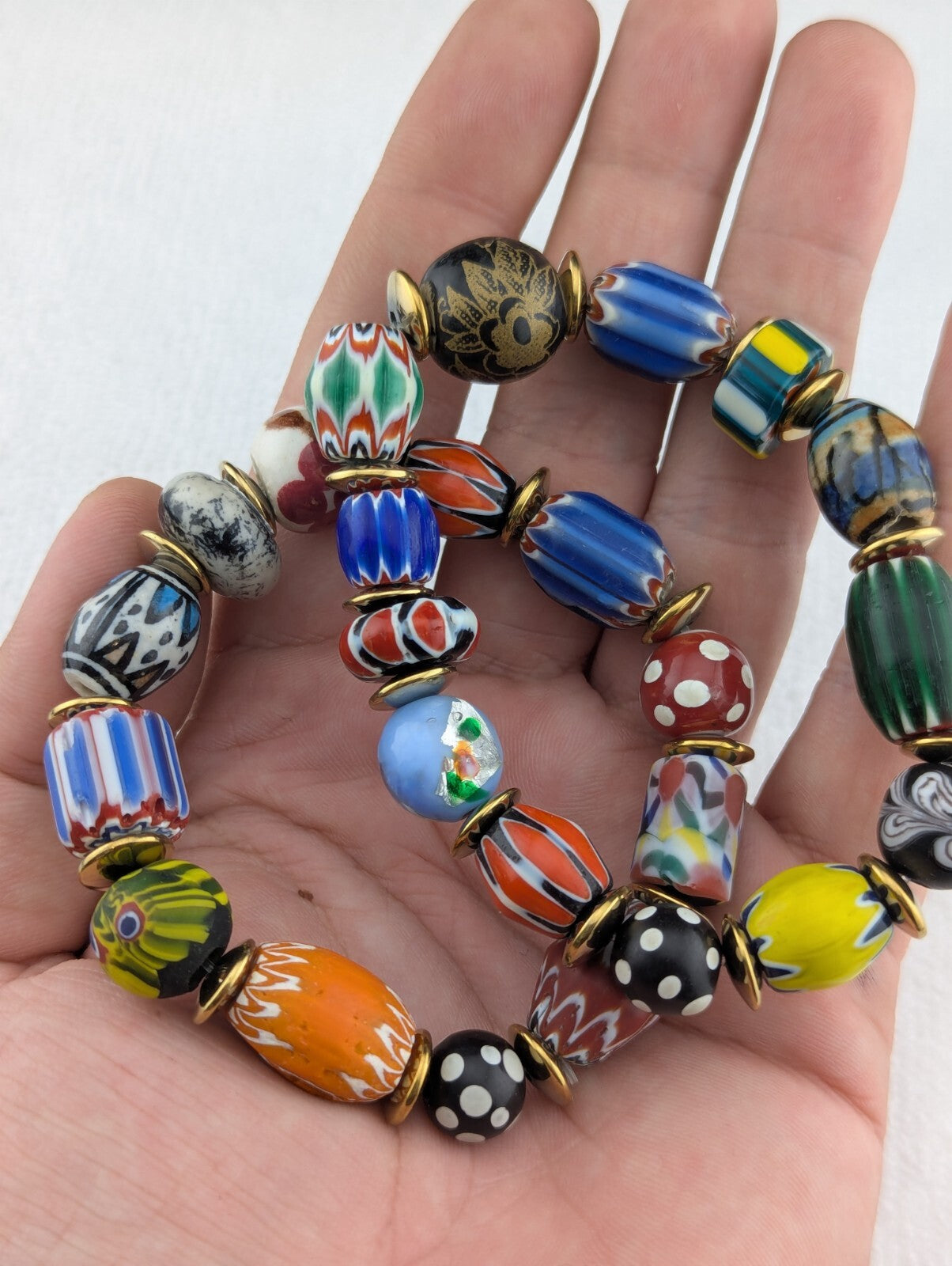 LOT 2 Venetian African Style floral and Chevron Glass Beads Bracelet