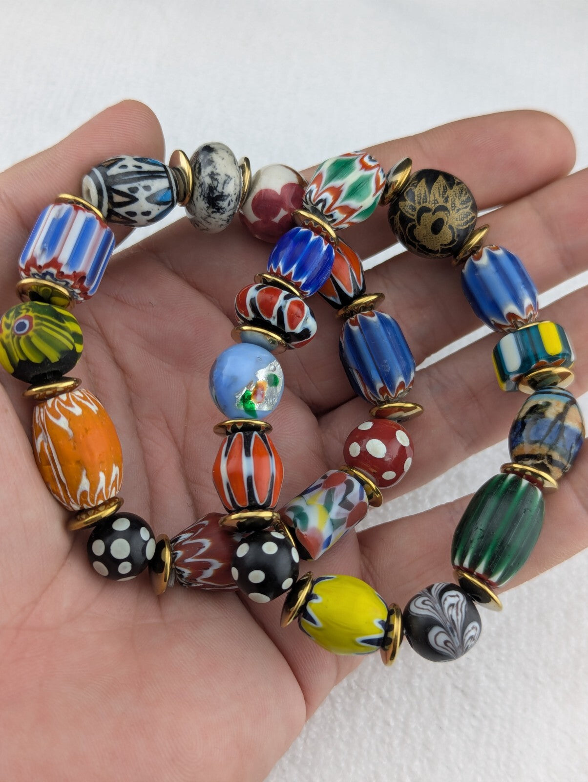 LOT 2 Venetian African Style floral and Chevron Glass Beads Bracelet