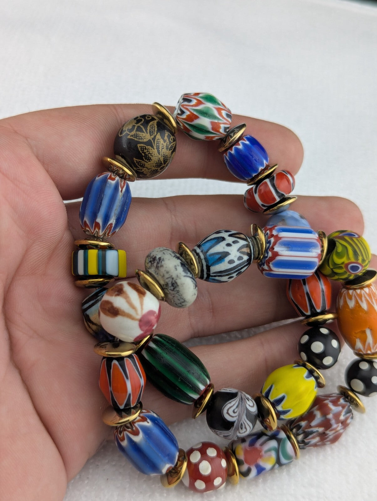 LOT 2 Venetian African Style floral and Chevron Glass Beads Bracelet