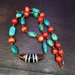 Antique Tibetan 4Stripes Dzi Eye Agate, turquoise and coral beads necklace #j4