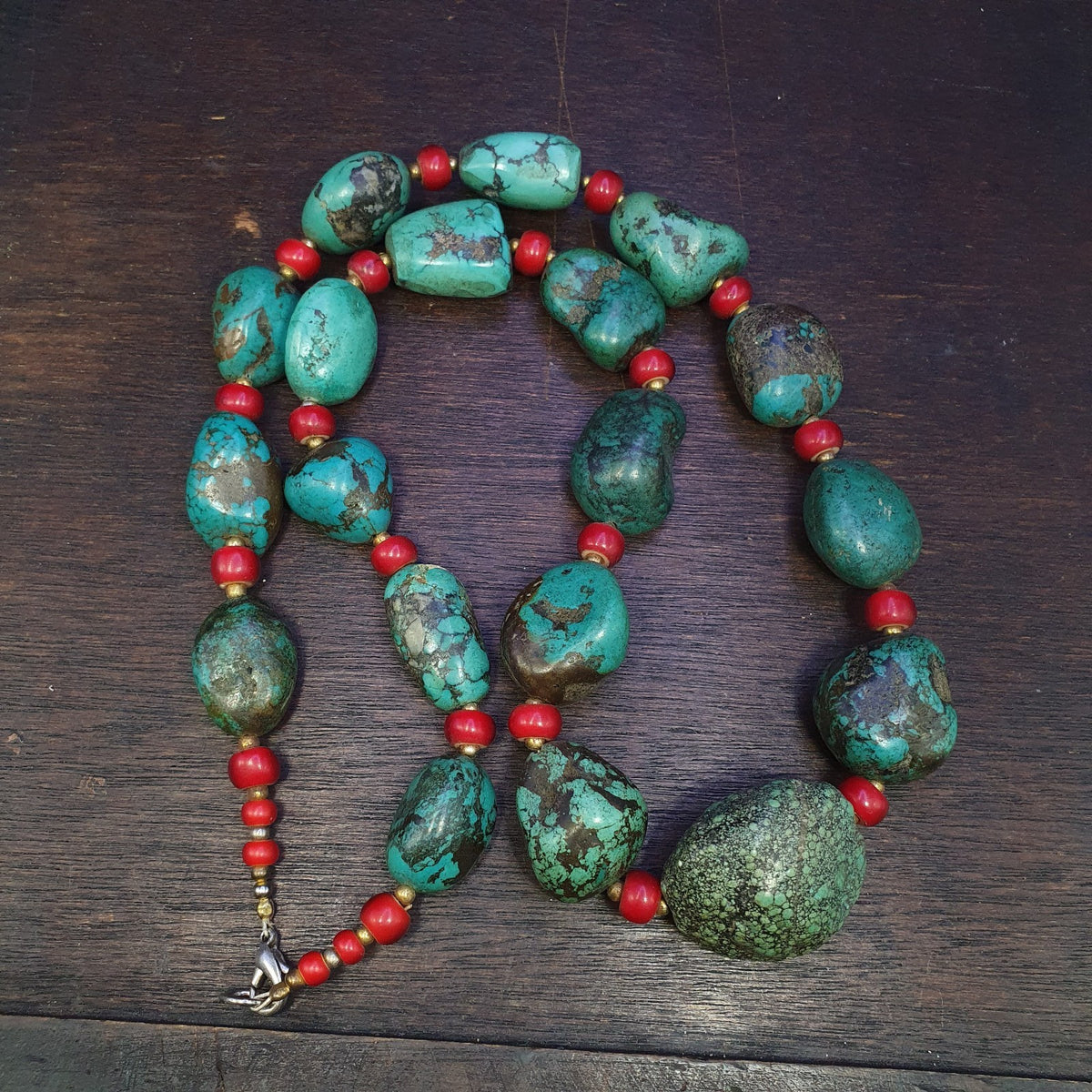 Antique Turquoise and Red whiteheart beads necklace 149 grams