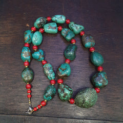 Antique Turquoise and Red whiteheart beads necklace 149 grams