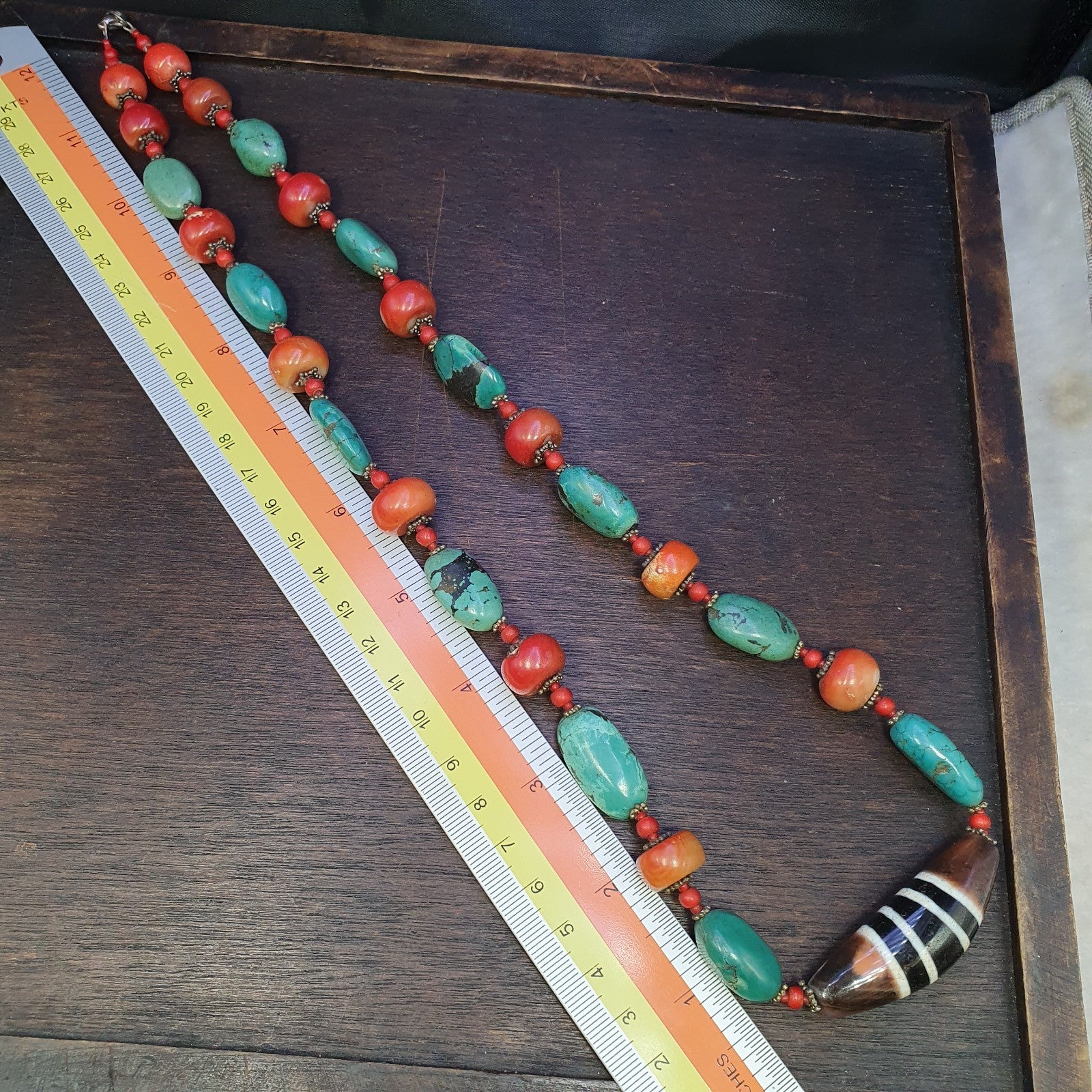 Antique Tibetan 4Stripes Dzi Eye Agate, turquoise and coral beads necklace #j4