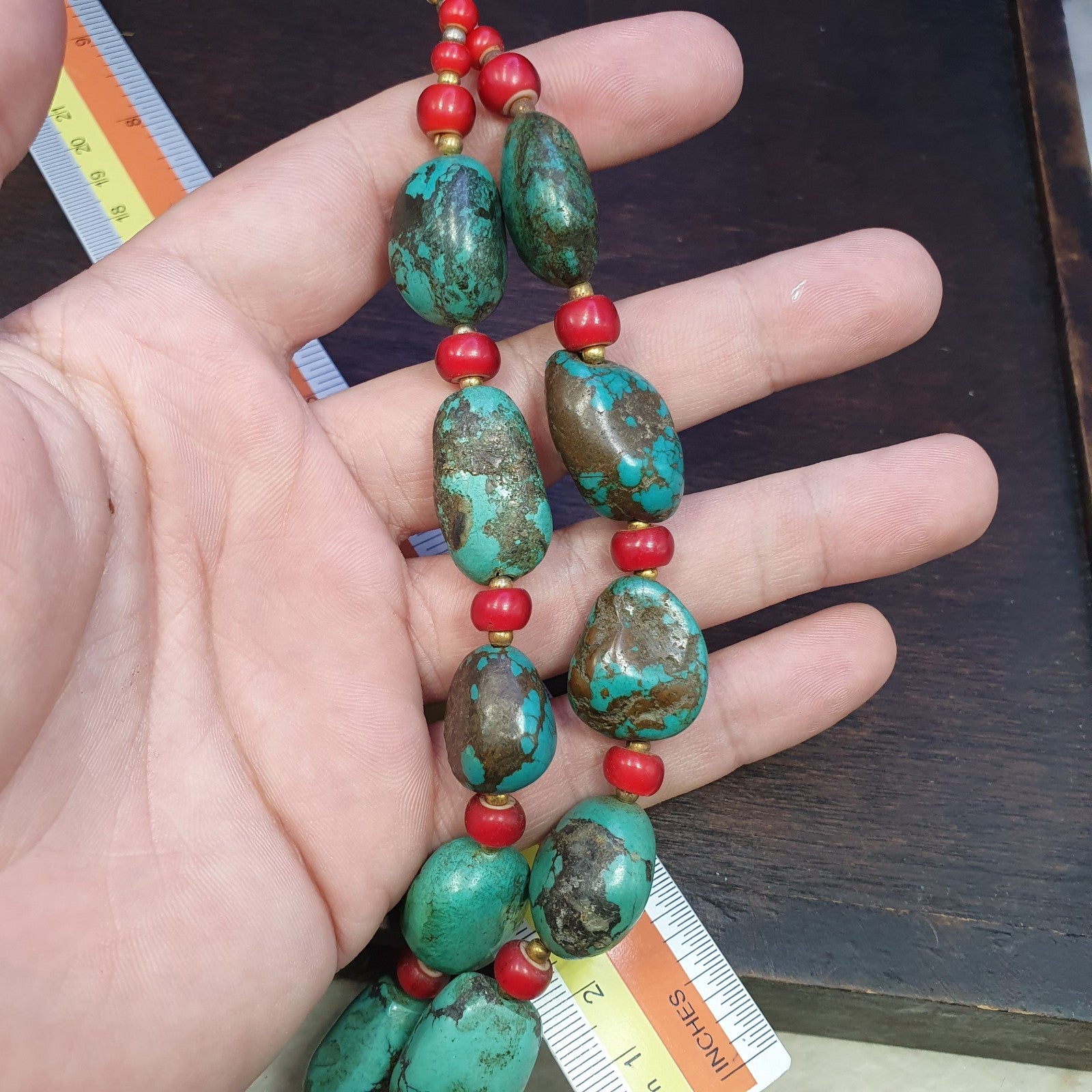 Antique Turquoise and Red whiteheart beads necklace 149 grams