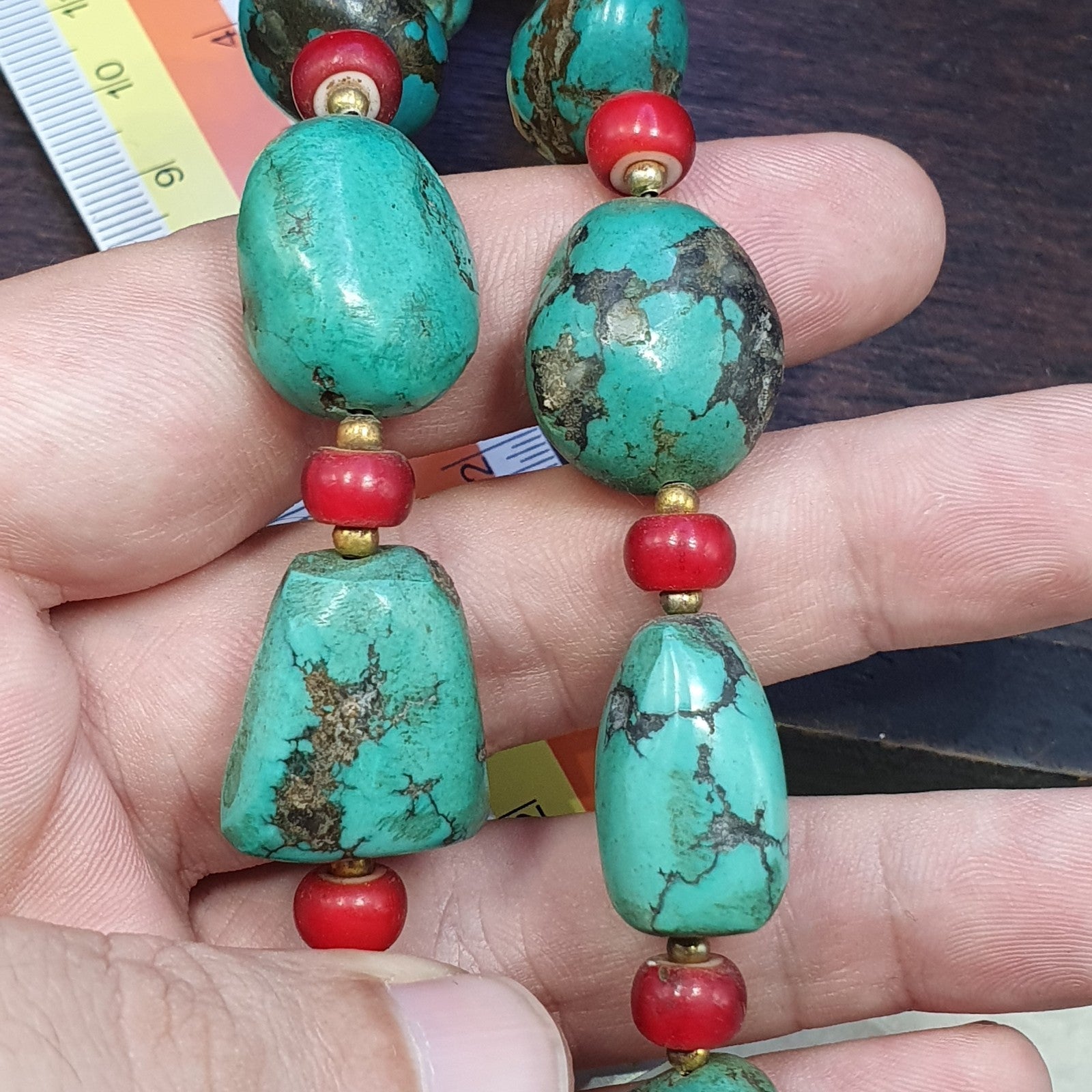 Antique Turquoise and Red whiteheart beads necklace 149 grams