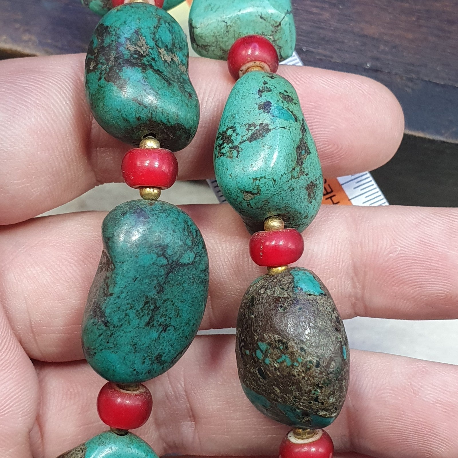 Antique Turquoise and Red whiteheart beads necklace 149 grams