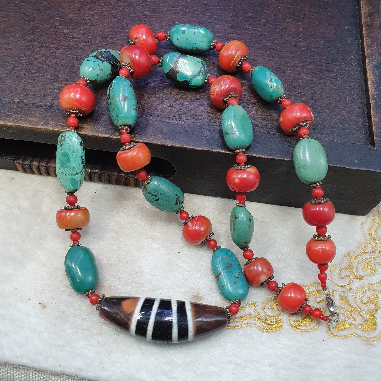 Antique Tibetan 4Stripes Dzi Eye Agate, turquoise and coral beads necklace #j4