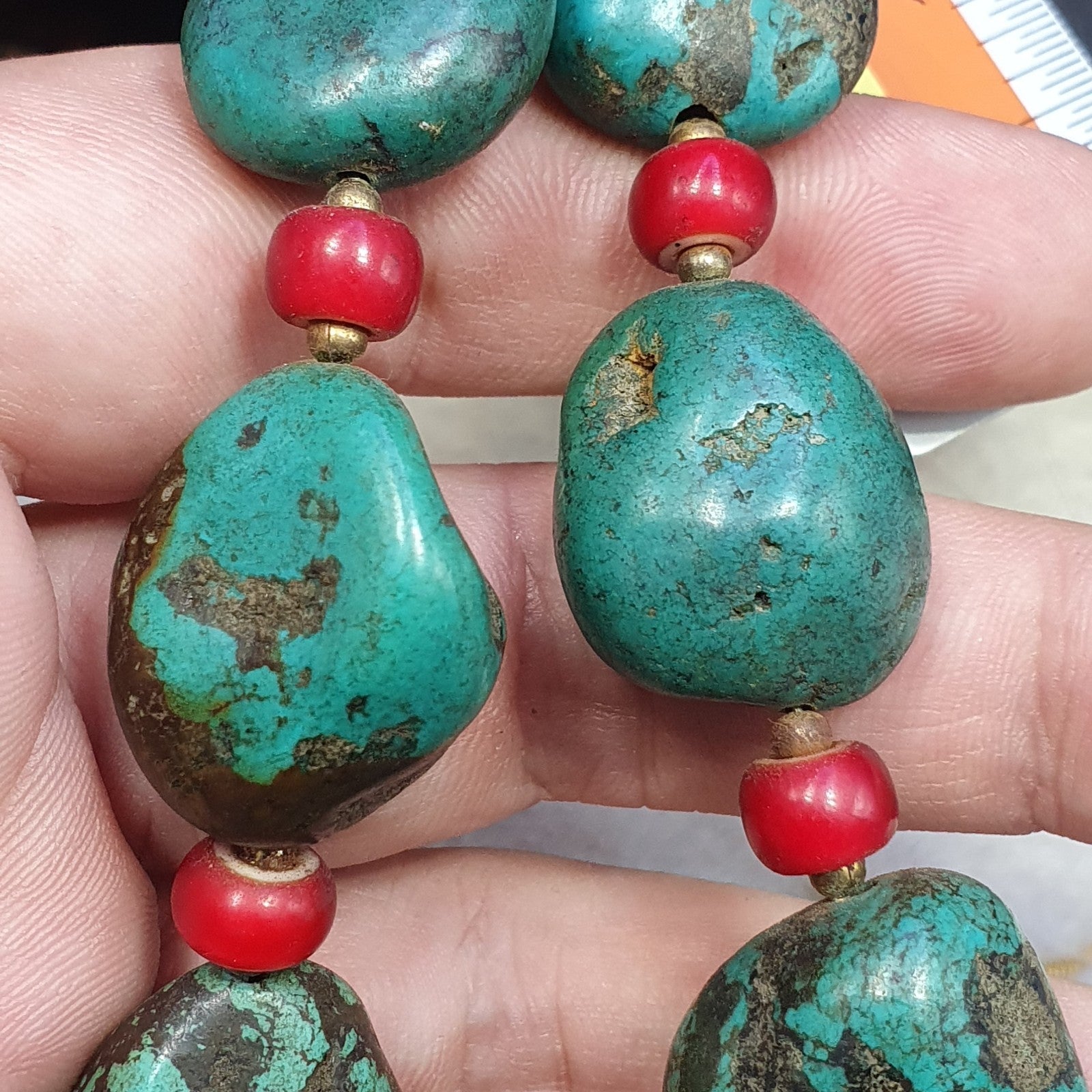 Antique Turquoise and Red whiteheart beads necklace 149 grams