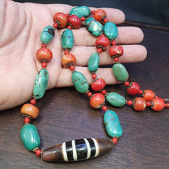 Antique Tibetan 4Stripes Dzi Eye Agate, turquoise and coral beads necklace #j4