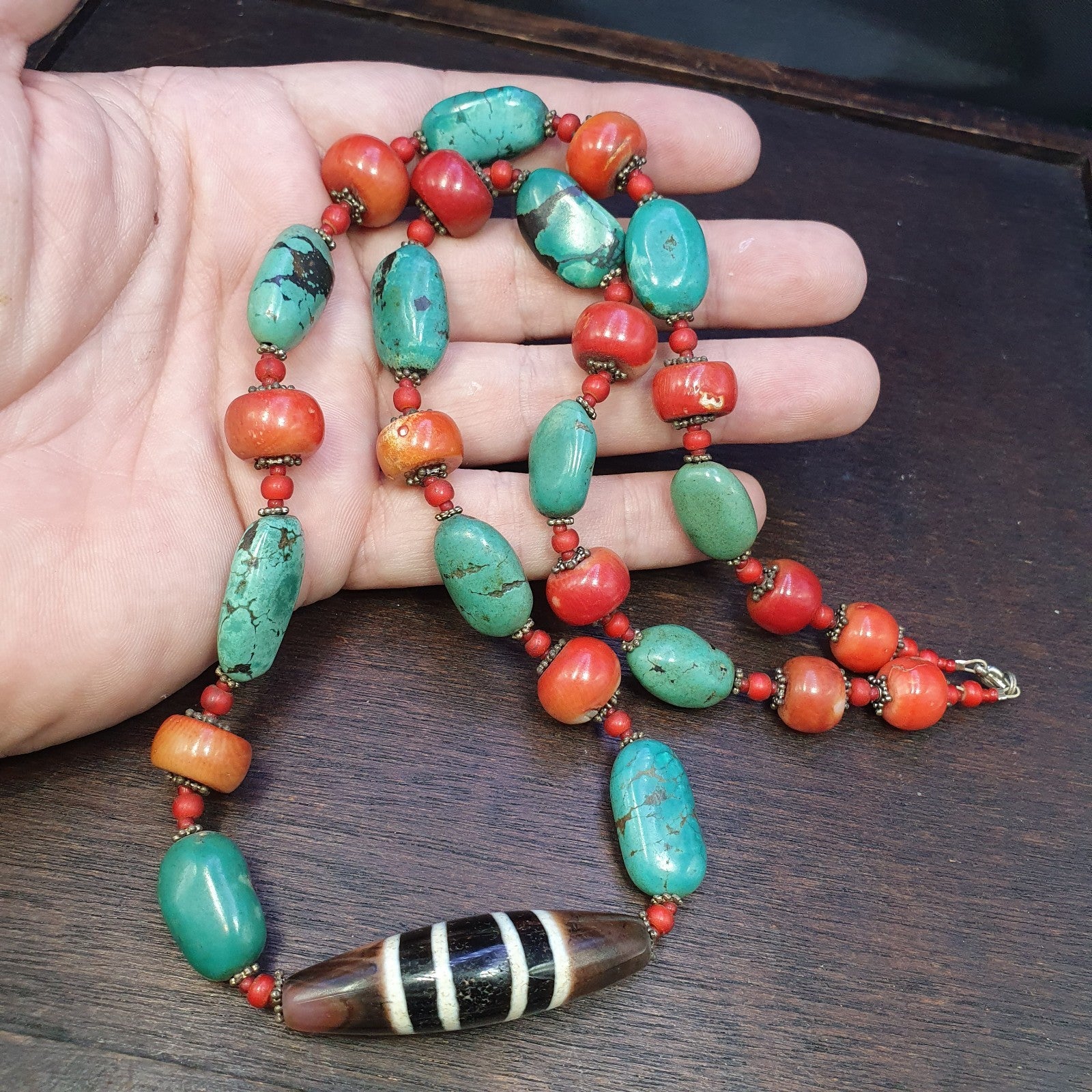 Antique Tibetan 4Stripes Dzi Eye Agate, turquoise and coral beads necklace #j4