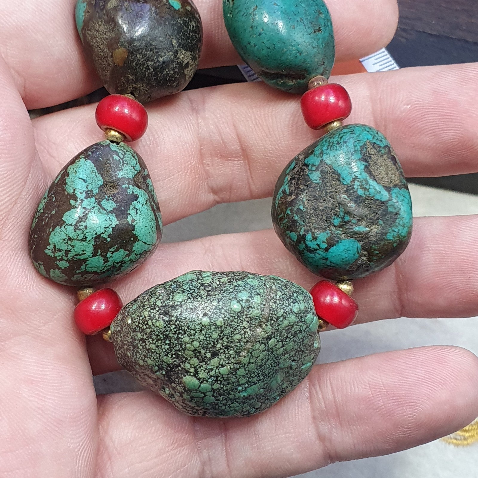Antique Turquoise and Red whiteheart beads necklace 149 grams