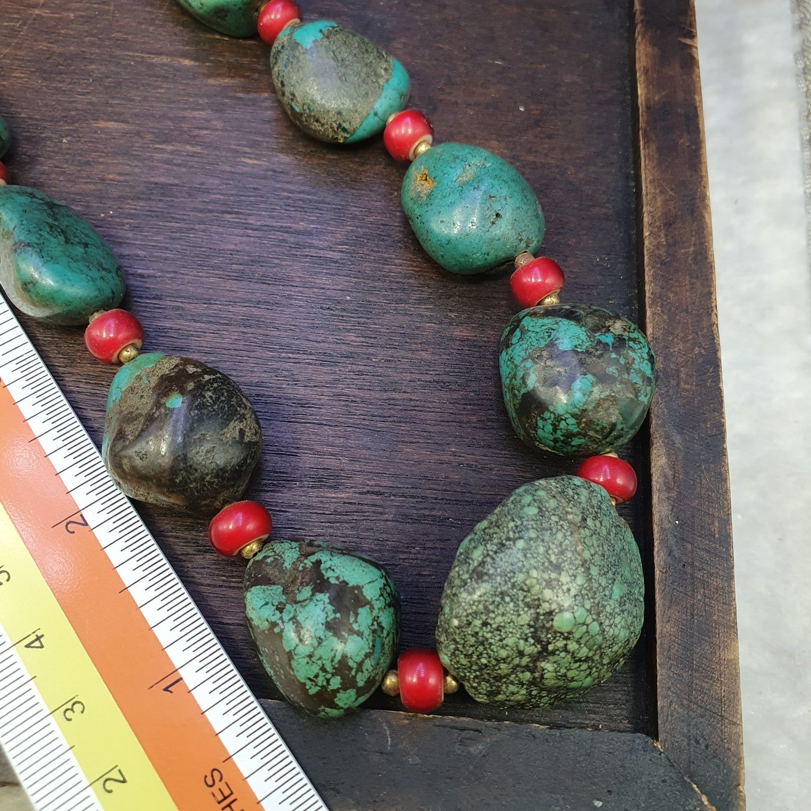 Antique Turquoise and Red whiteheart beads necklace 149 grams
