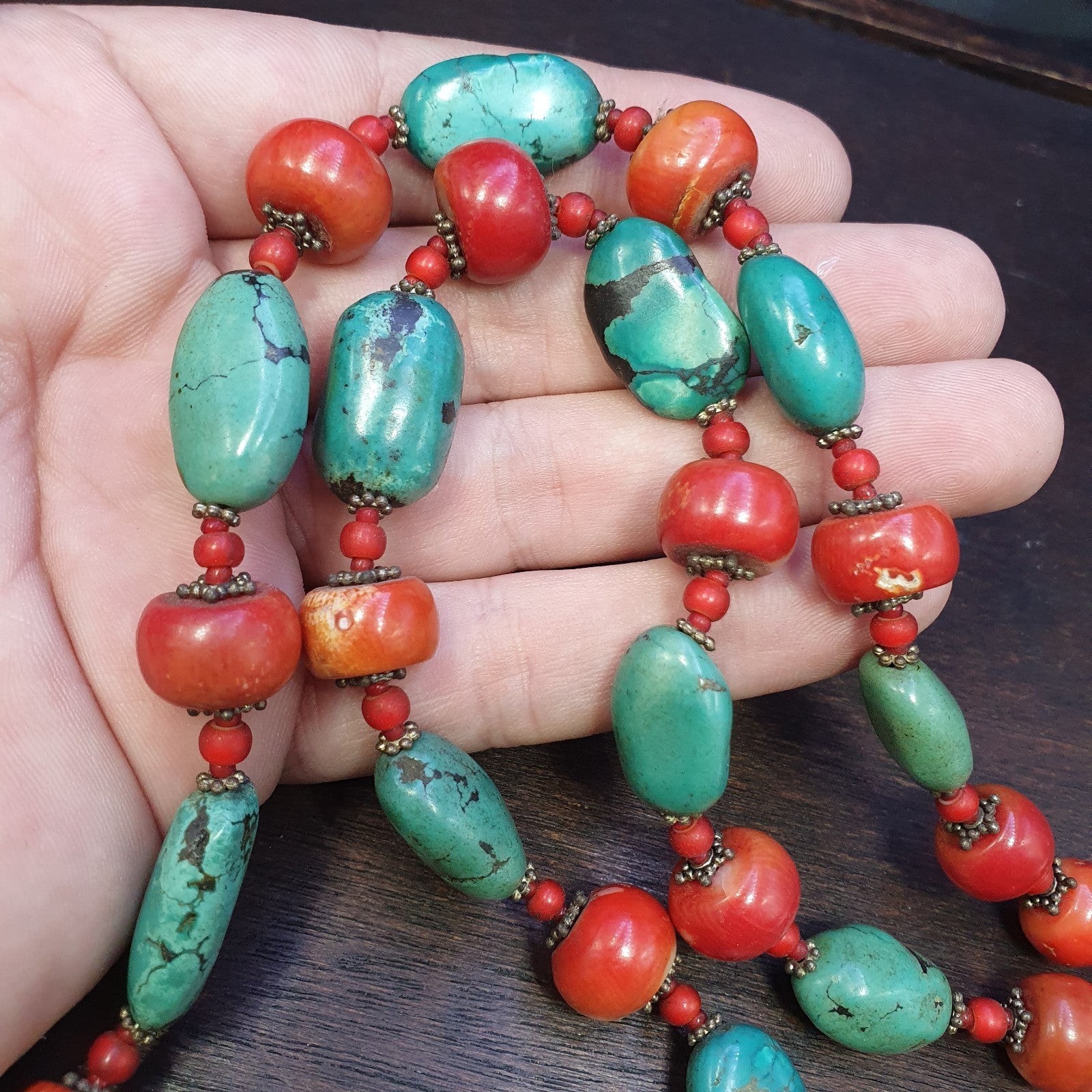 Antique Tibetan 4Stripes Dzi Eye Agate, turquoise and coral beads necklace #j4