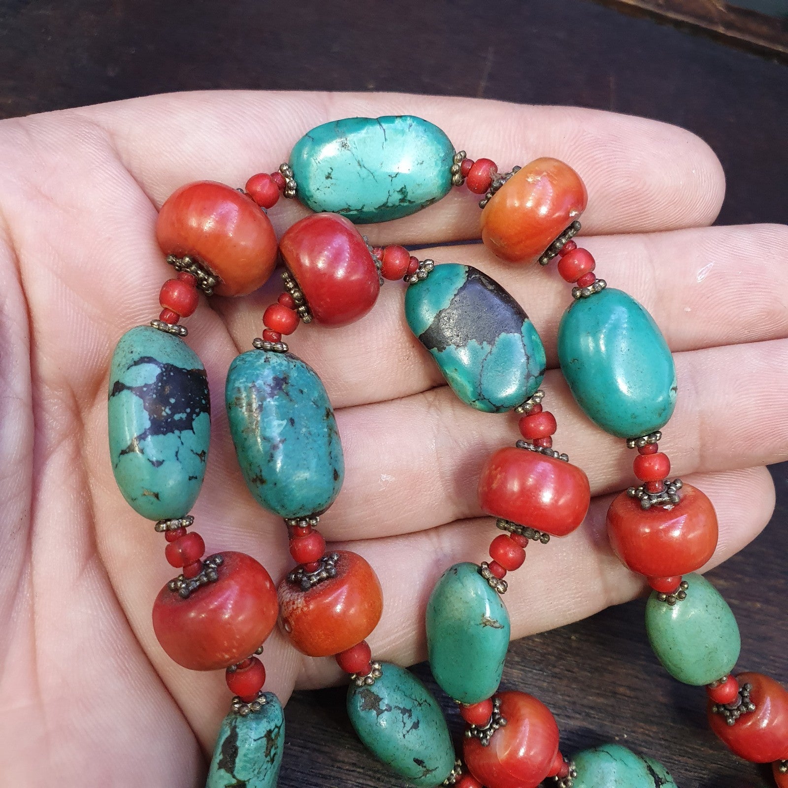 Antique Tibetan 4Stripes Dzi Eye Agate, turquoise and coral beads necklace #j4