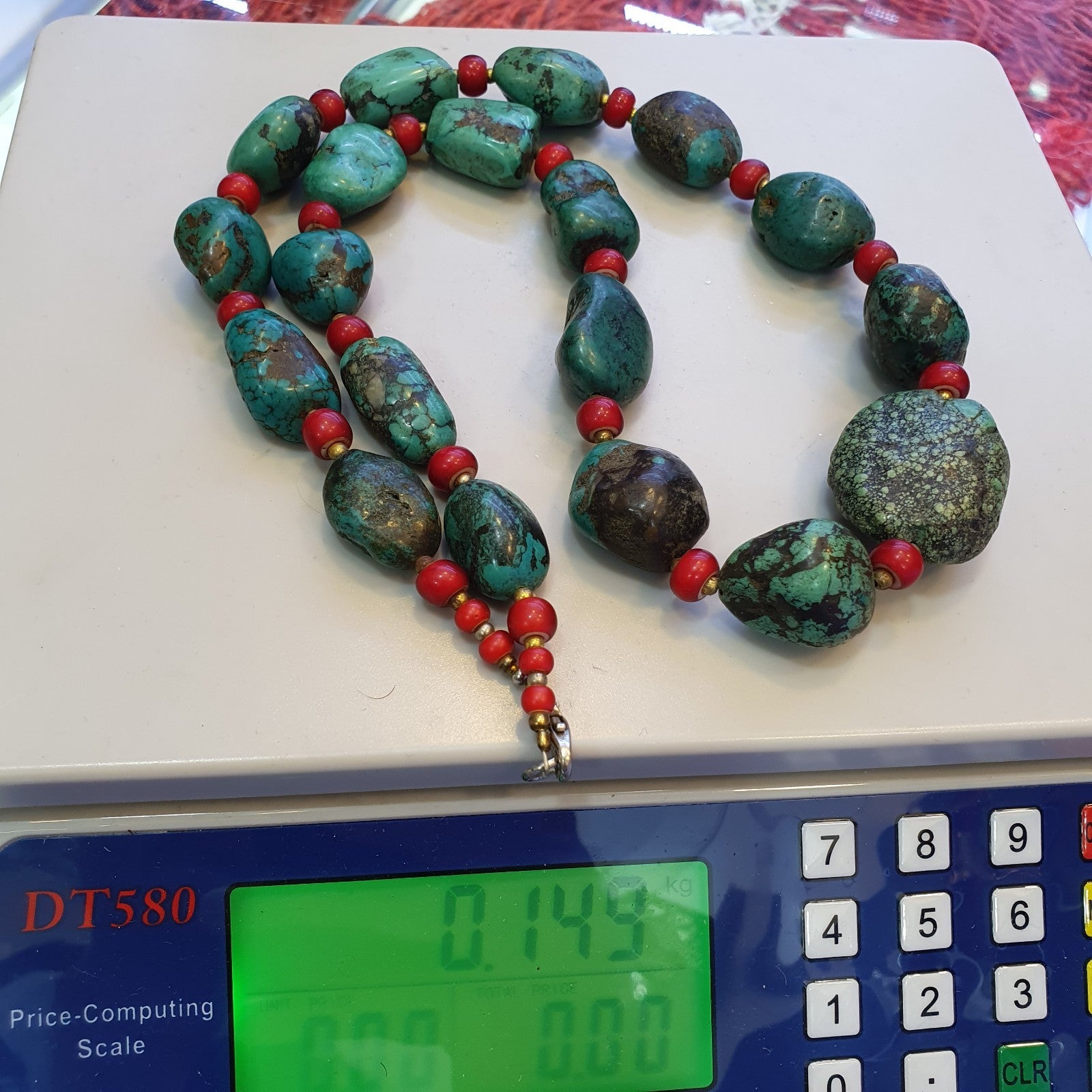 Antique Turquoise and Red whiteheart beads necklace 149 grams