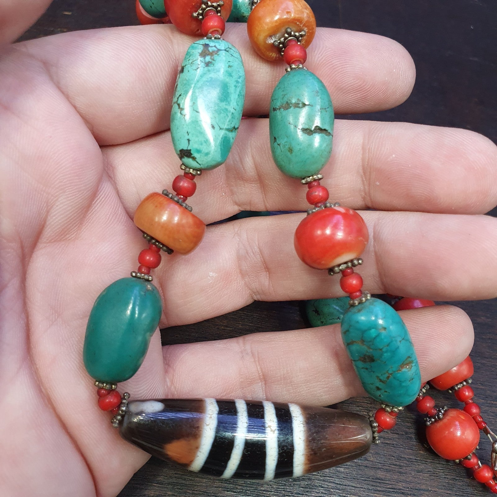 Antique Tibetan 4Stripes Dzi Eye Agate, turquoise and coral beads necklace #j4