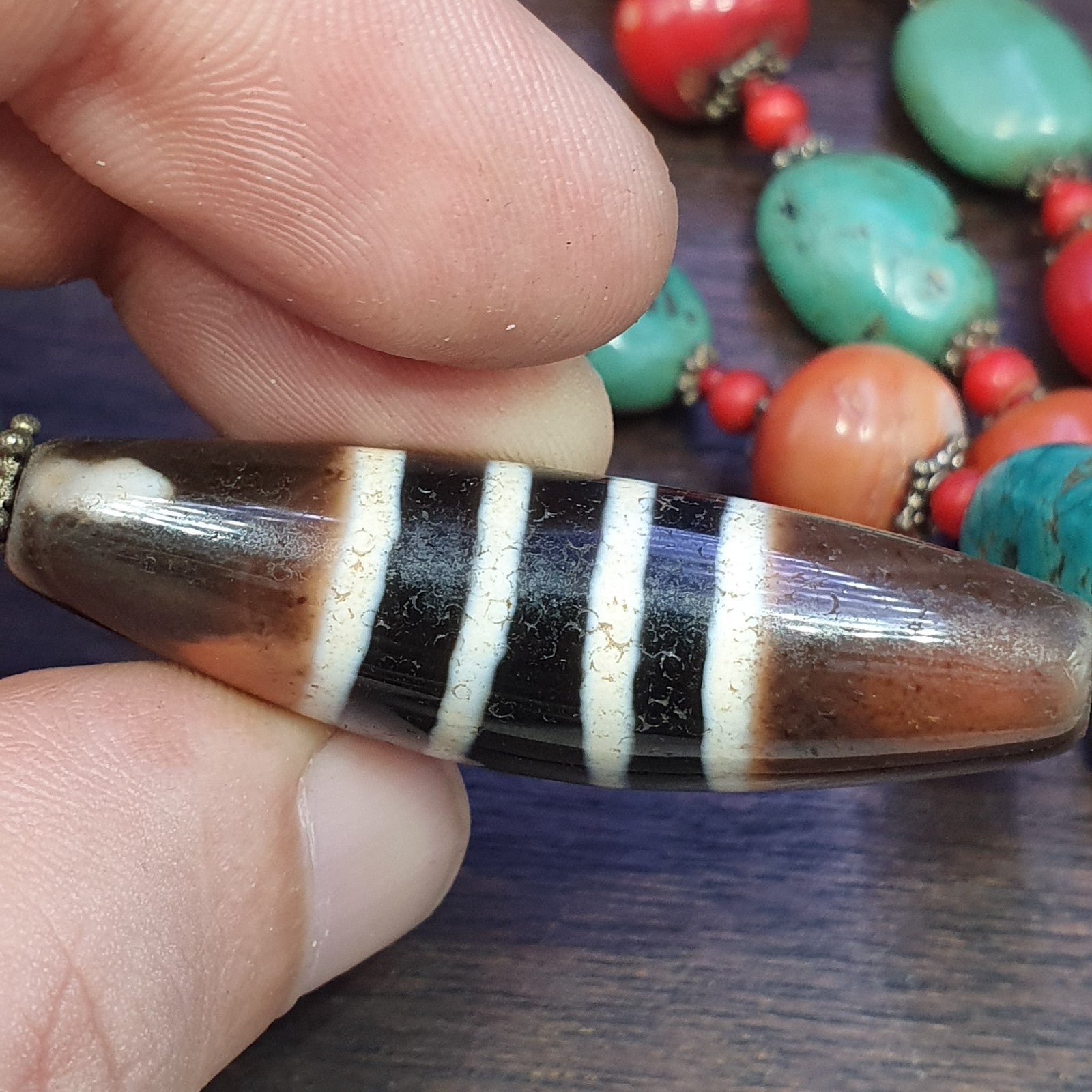 Antique Tibetan 4Stripes Dzi Eye Agate, turquoise and coral beads necklace #j4