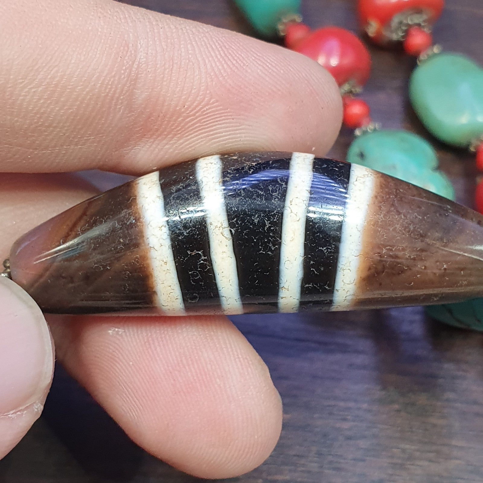 Antique Tibetan 4Stripes Dzi Eye Agate, turquoise and coral beads necklace #j4