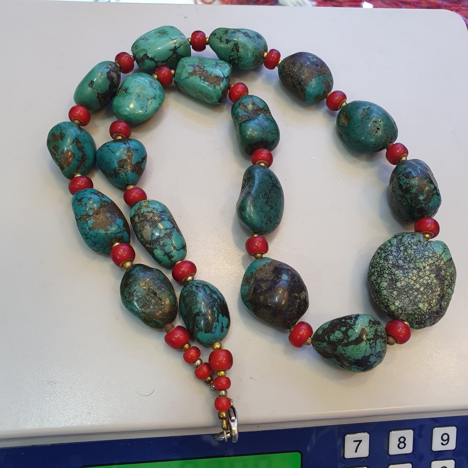 Antique Turquoise and Red whiteheart beads necklace 149 grams