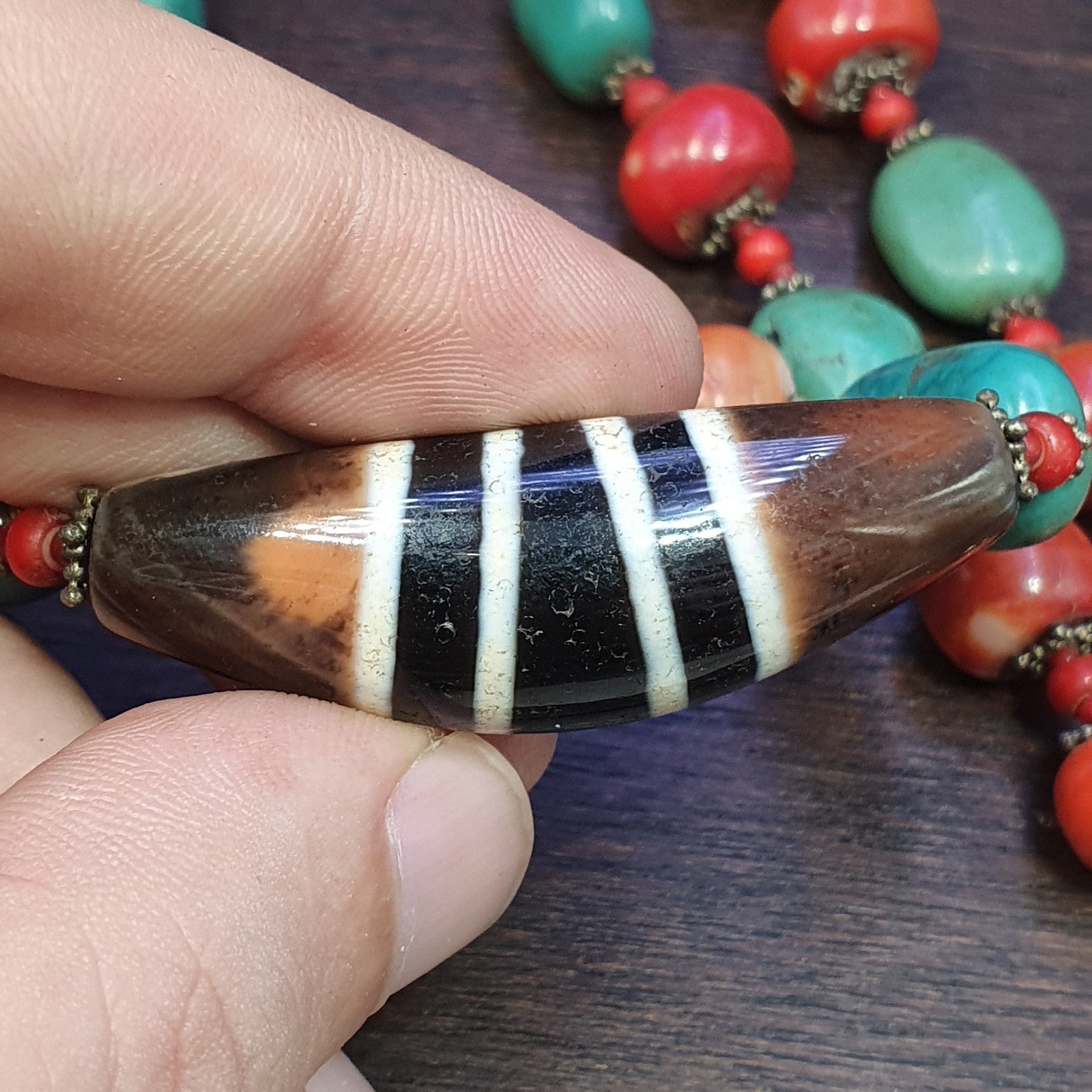 Antique Tibetan 4Stripes Dzi Eye Agate, turquoise and coral beads necklace #j4