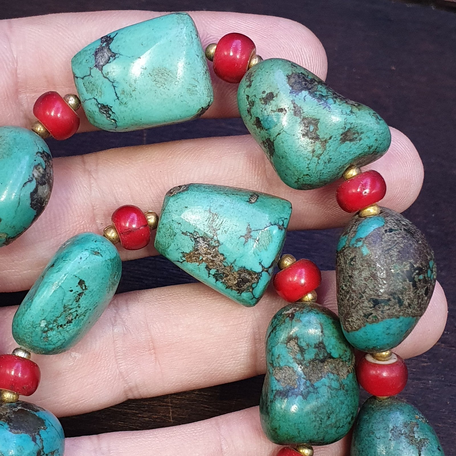 Antique Turquoise and Red whiteheart beads necklace 149 grams