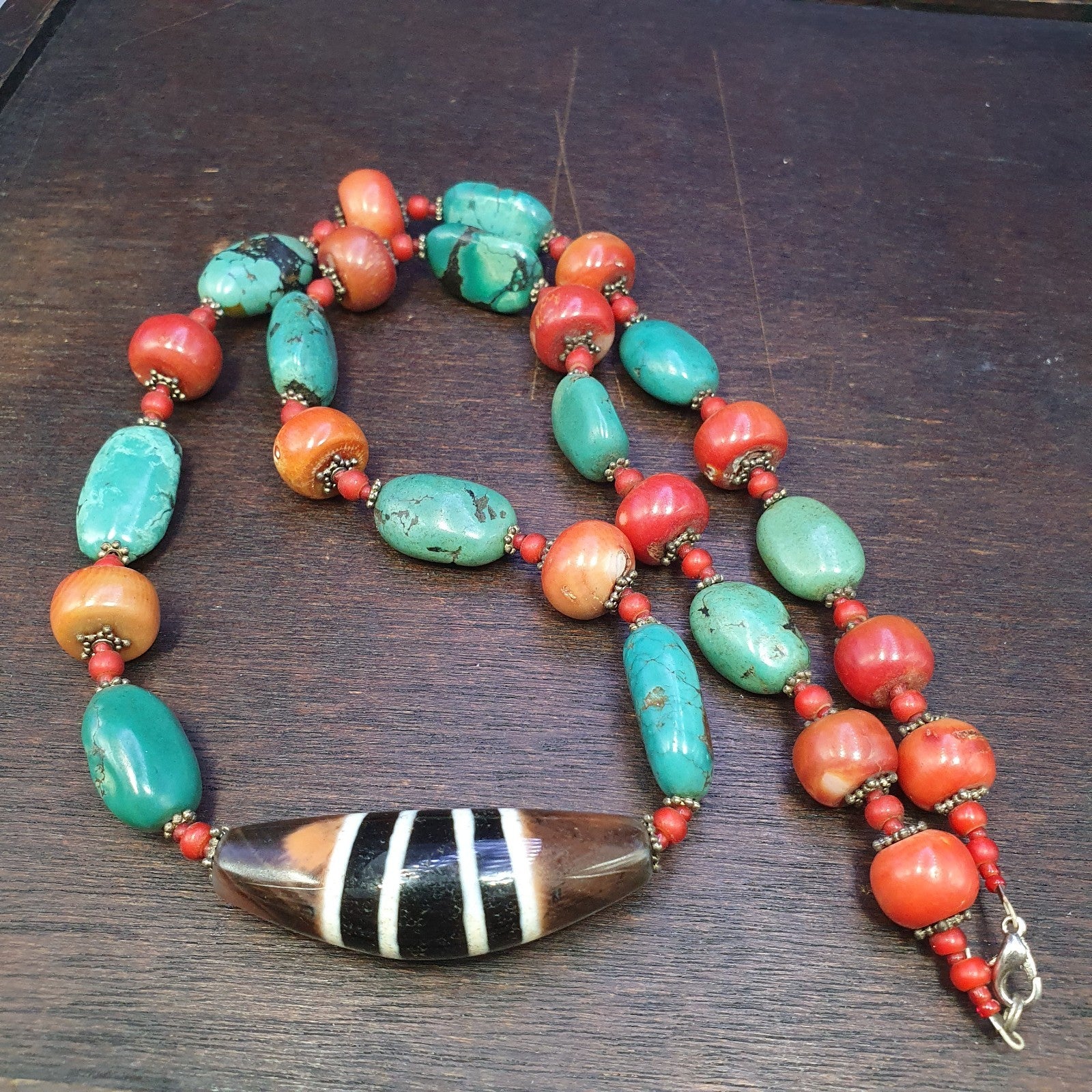 Antique Tibetan 4Stripes Dzi Eye Agate, turquoise and coral beads necklace #j4