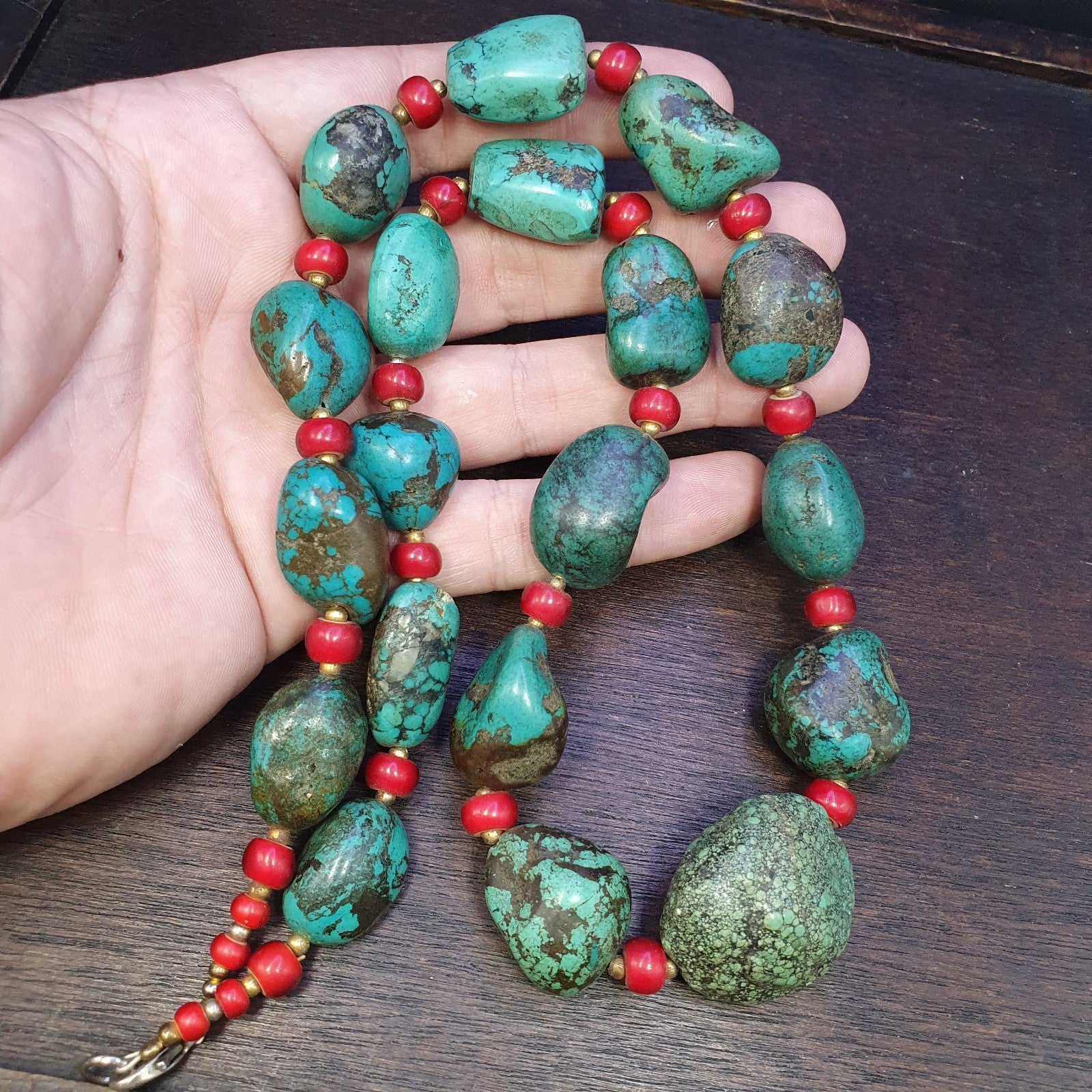 Antique Turquoise and Red whiteheart beads necklace 149 grams