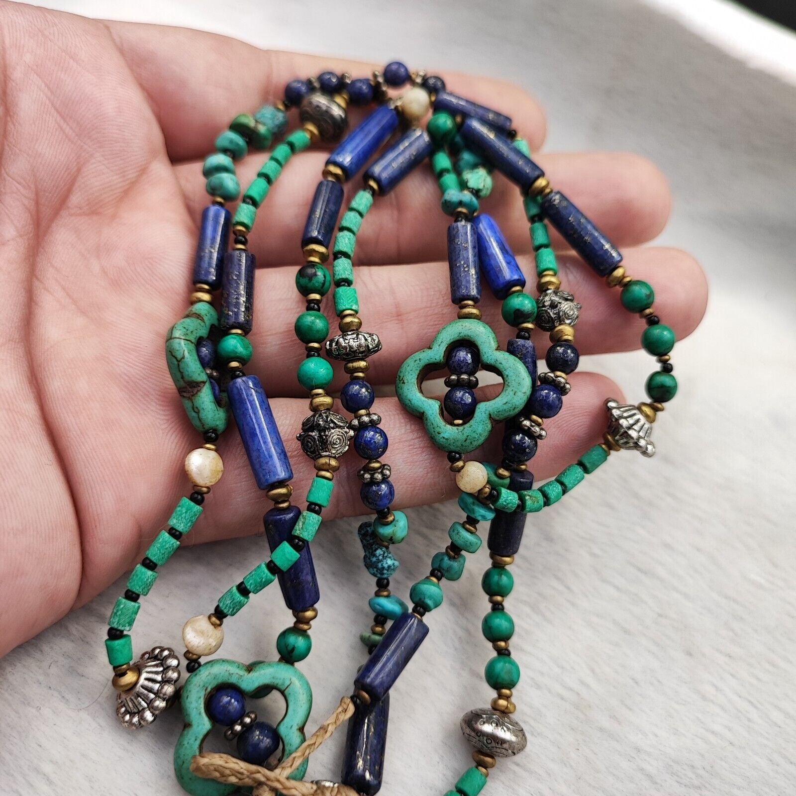 Turquoise, Lapis Lazuli Stone Tibetan Nepal Necklace Boho Ethnic Jewelry 40"