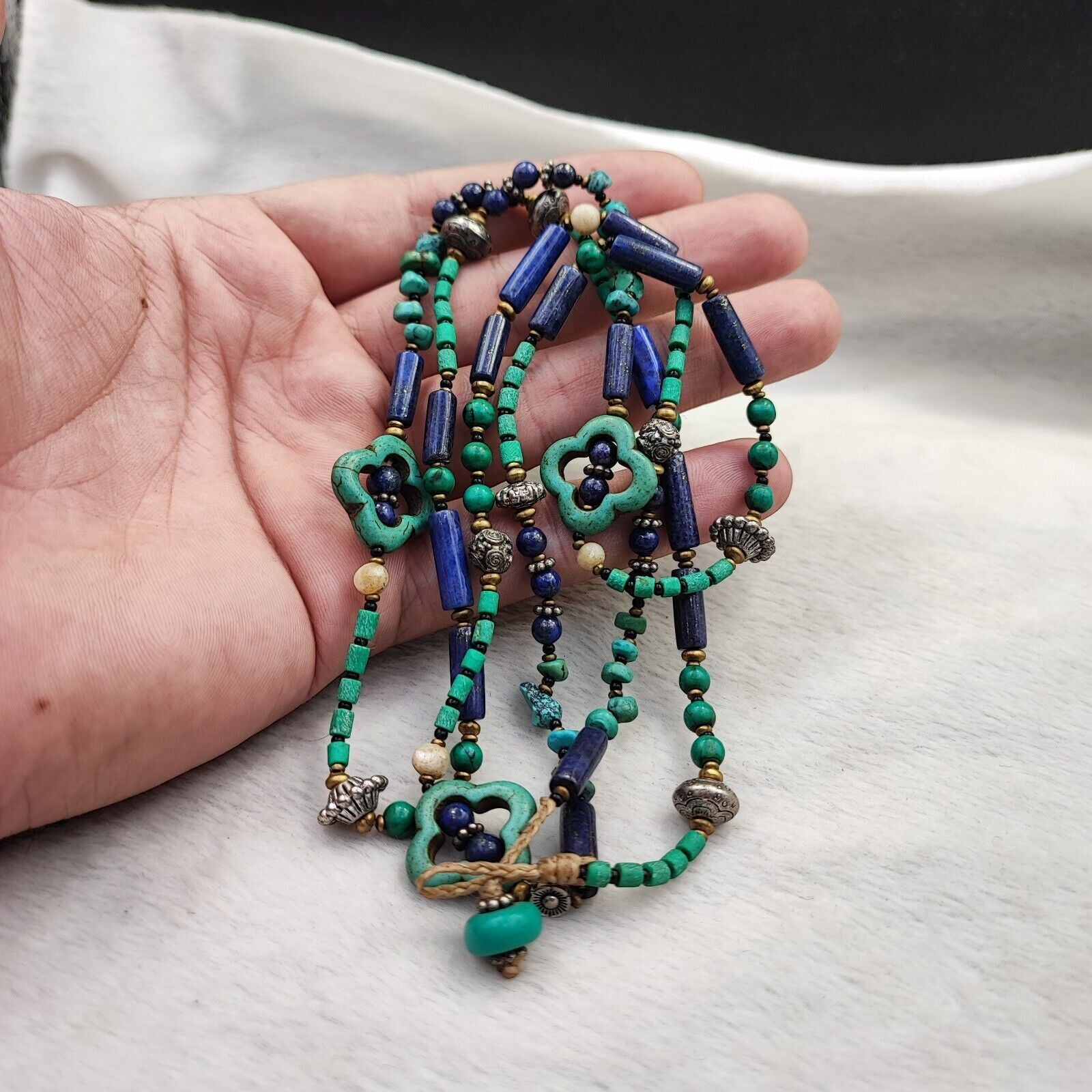 Turquoise, Lapis Lazuli Stone Tibetan Nepal Necklace Boho Ethnic Jewelry 40"