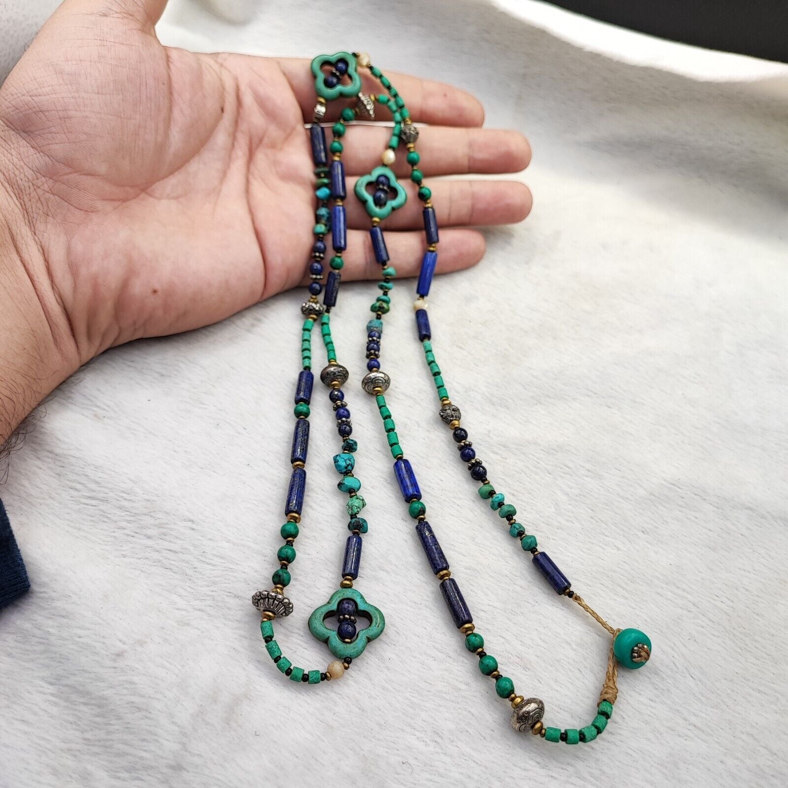 Turquoise, Lapis Lazuli Stone Tibetan Nepal Necklace Boho Ethnic Jewelry 40"