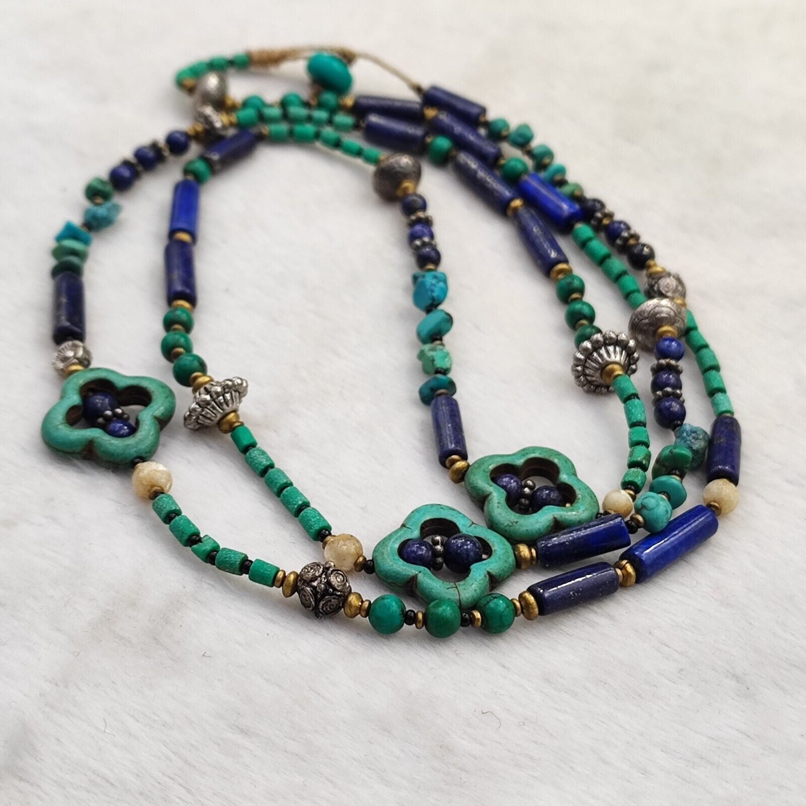Turquoise, Lapis Lazuli Stone Tibetan Nepal Necklace Boho Ethnic Jewelry 40"