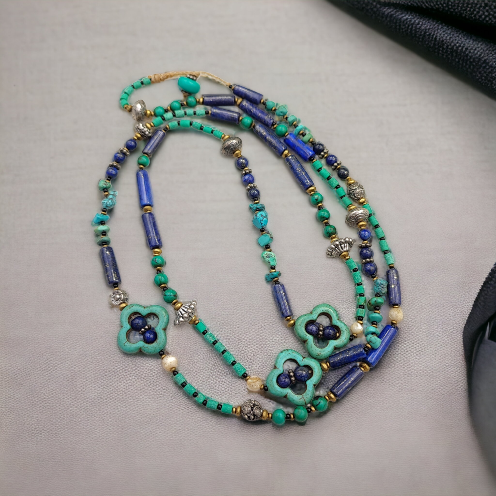 Turquoise, Lapis Lazuli Stone Tibetan Nepal Necklace Boho Ethnic Jewelry 40"