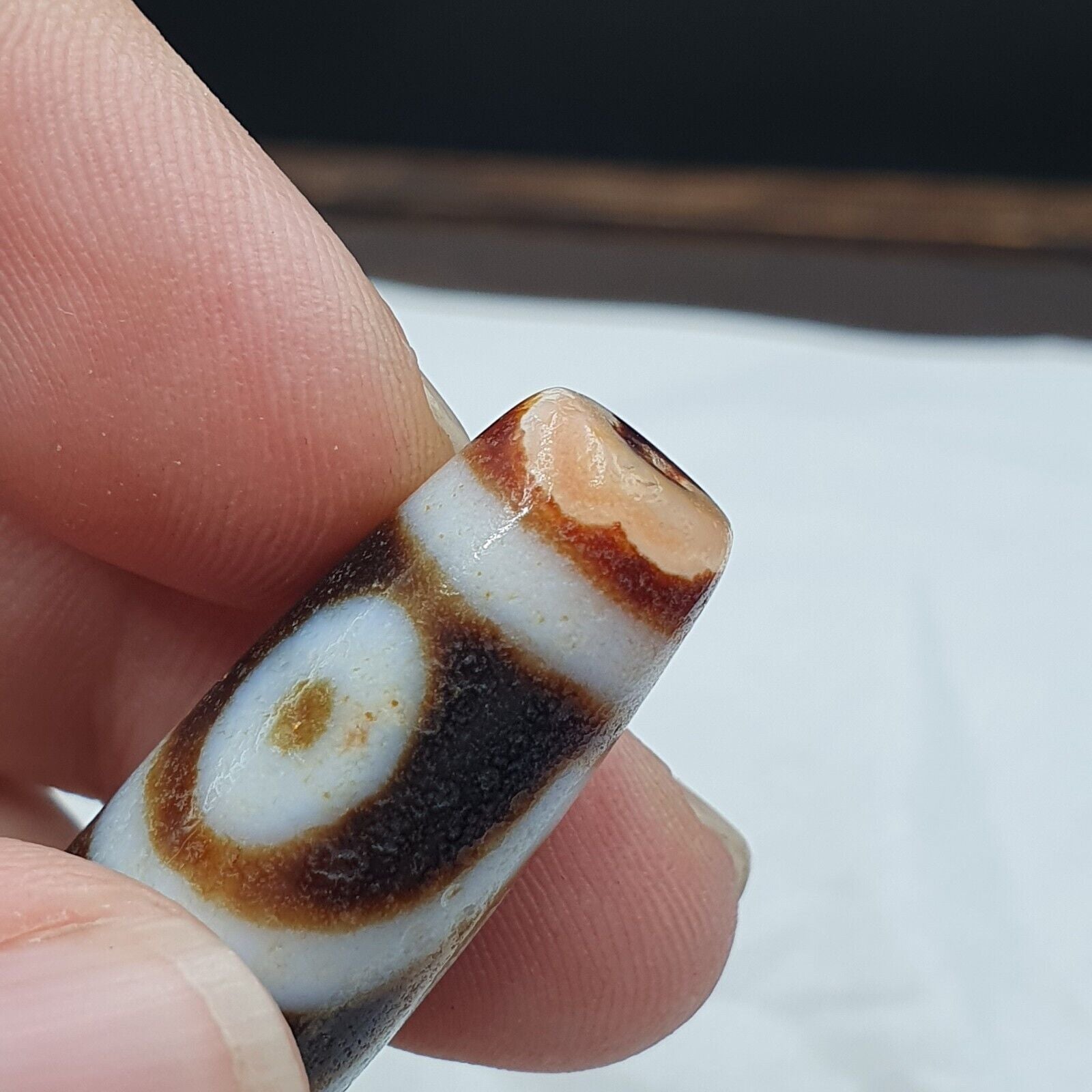 Vintage Indo Tibetan 3 Eyes rare Patterns Dzi chung agate Amulet Bead 48.9mm