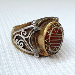 Antique tibetan etched agate center stone silver inlay gold plated brass ring