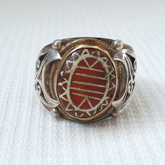 Antique tibetan etched agate center stone silver inlay gold plated brass ring
