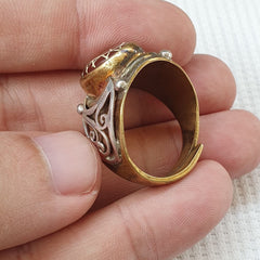 Antique tibetan etched agate center stone silver inlay gold plated brass ring