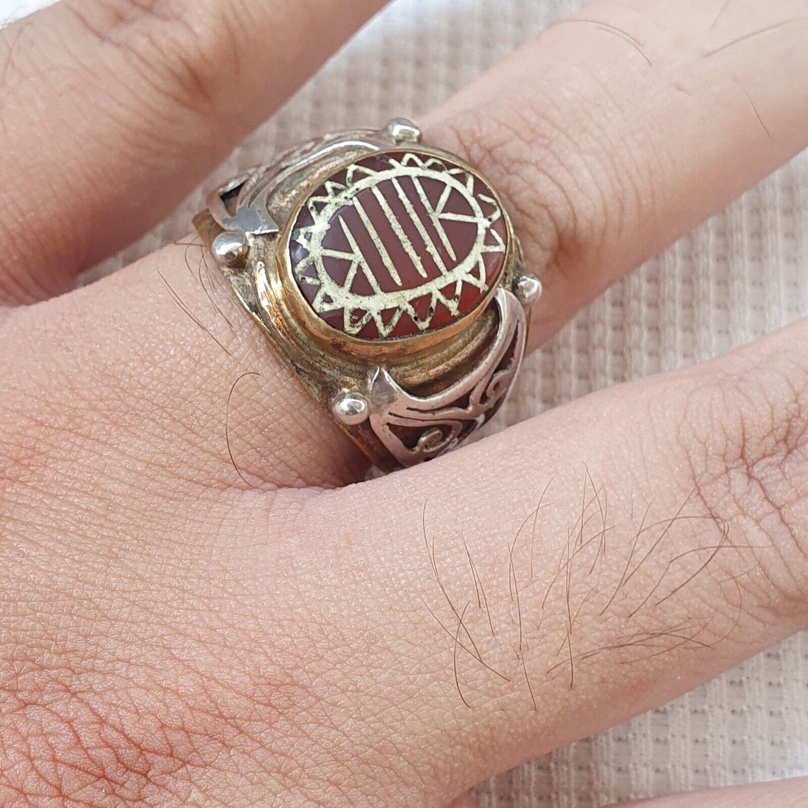 Antique tibetan etched agate center stone silver inlay gold plated brass ring