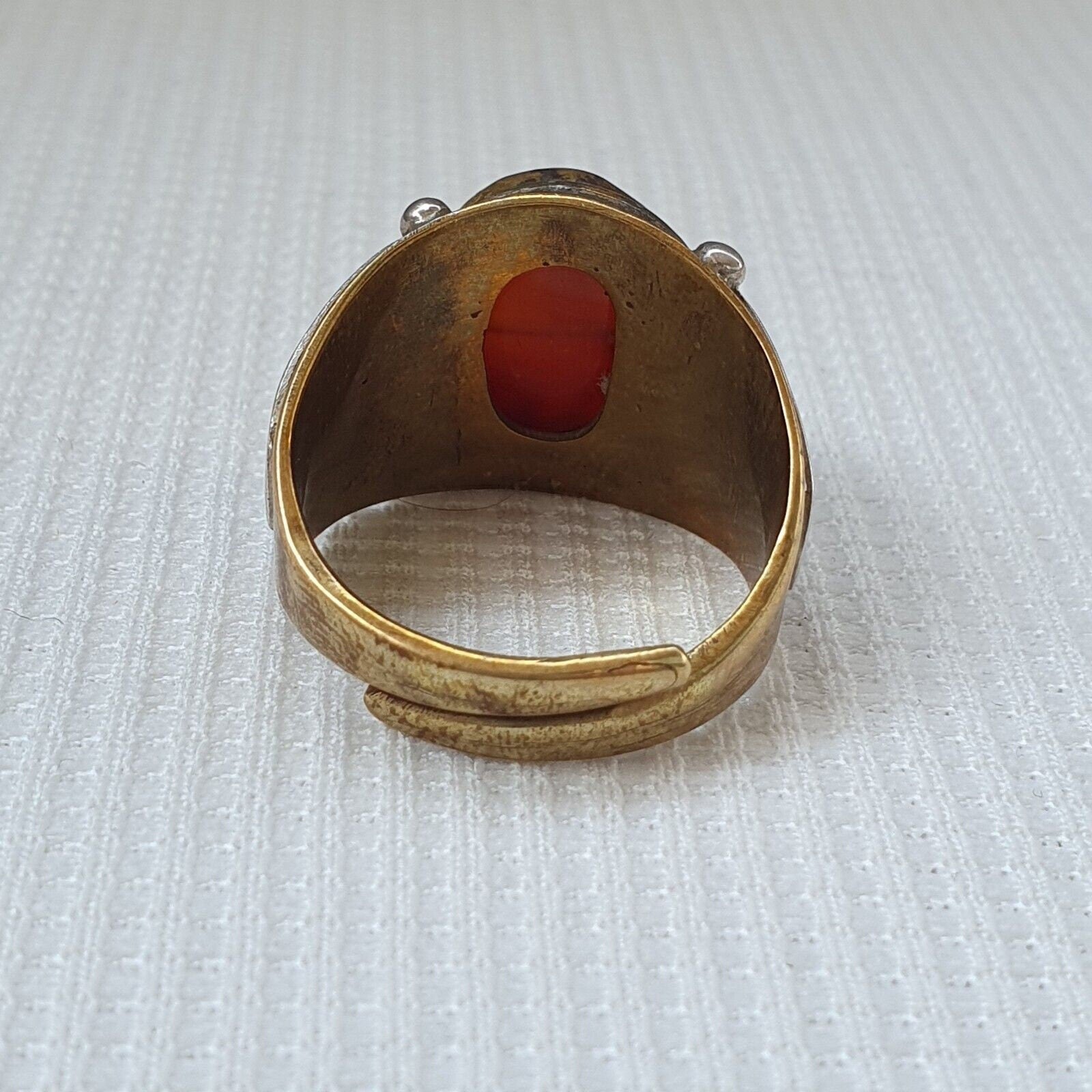 Antique tibetan etched agate center stone silver inlay gold plated brass ring