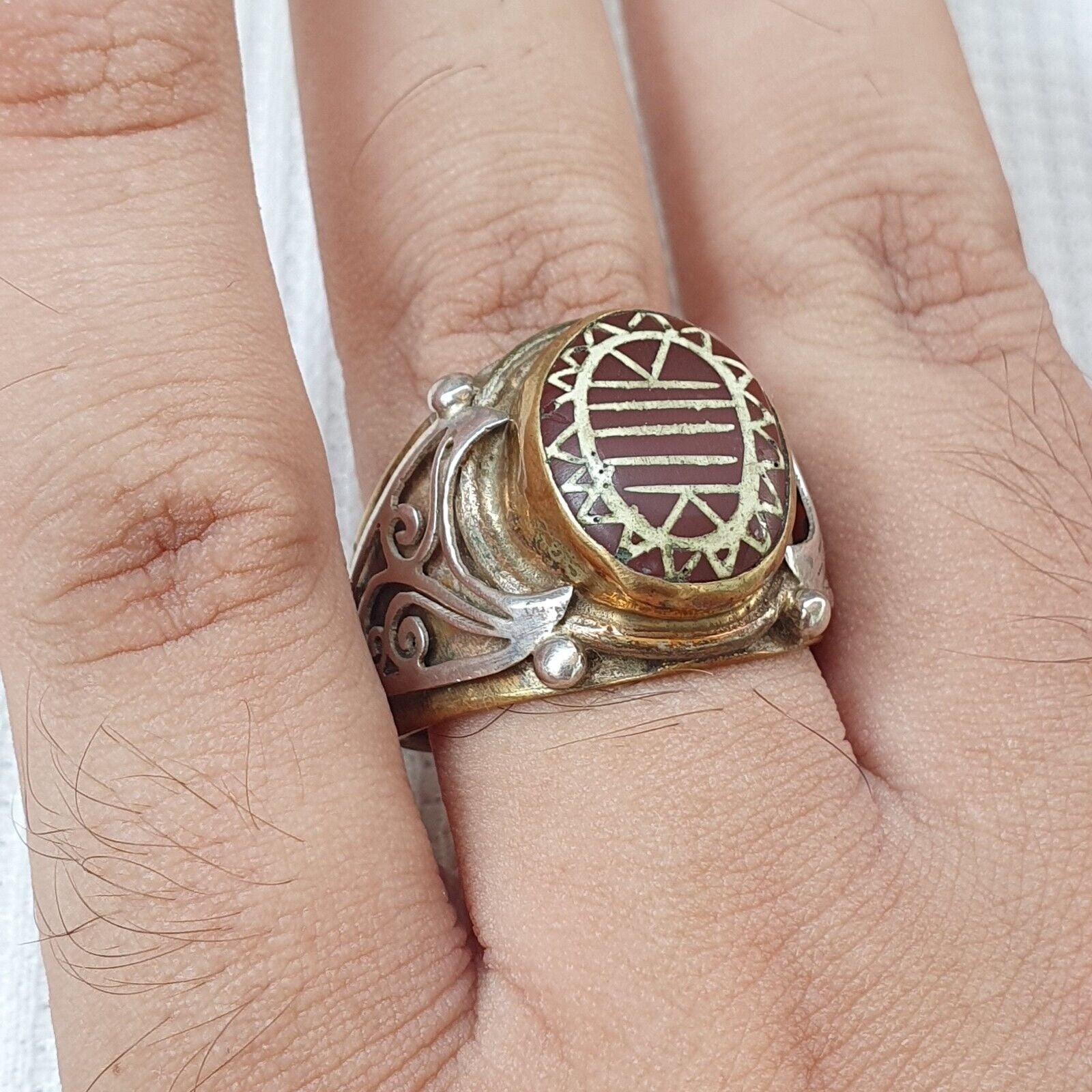 Antique tibetan etched agate center stone silver inlay gold plated brass ring