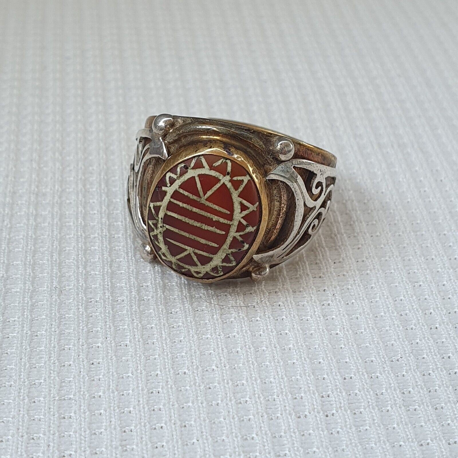Antique tibetan etched agate center stone silver inlay gold plated brass ring