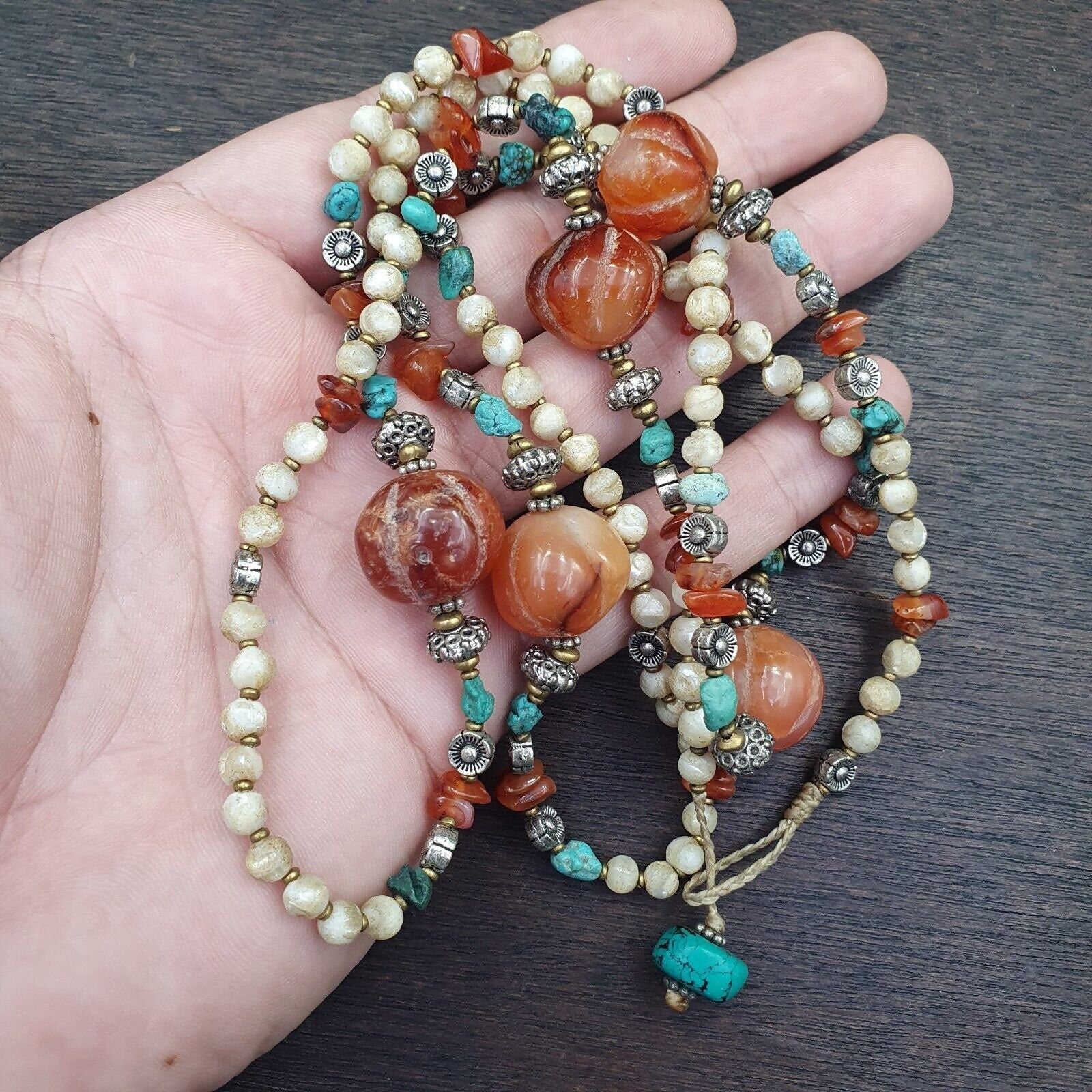 Turquoise shell pearl agate stone tibetan nepal necklace boho ethnic jewelry 40"