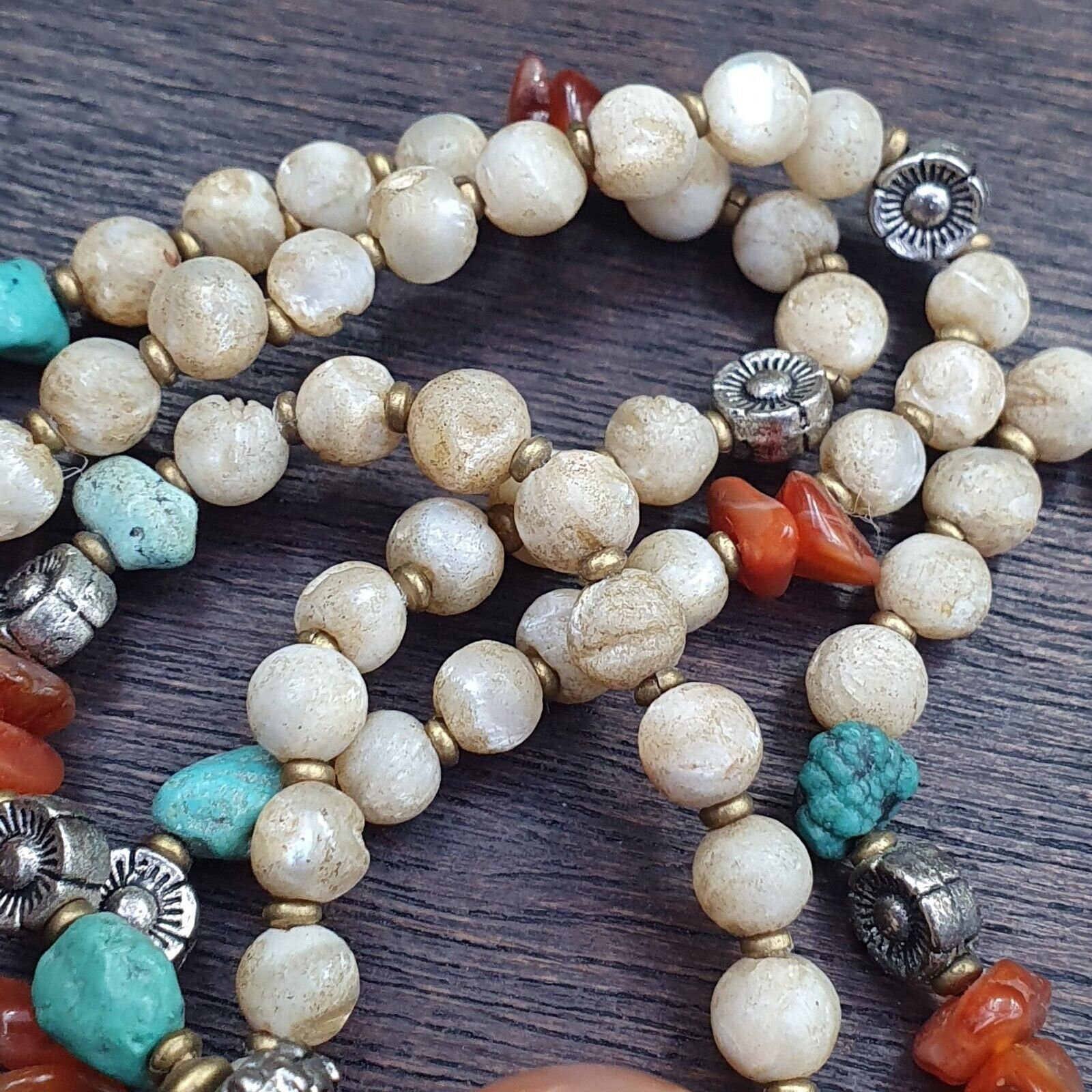 Turquoise shell pearl agate stone tibetan nepal necklace boho ethnic jewelry 40"