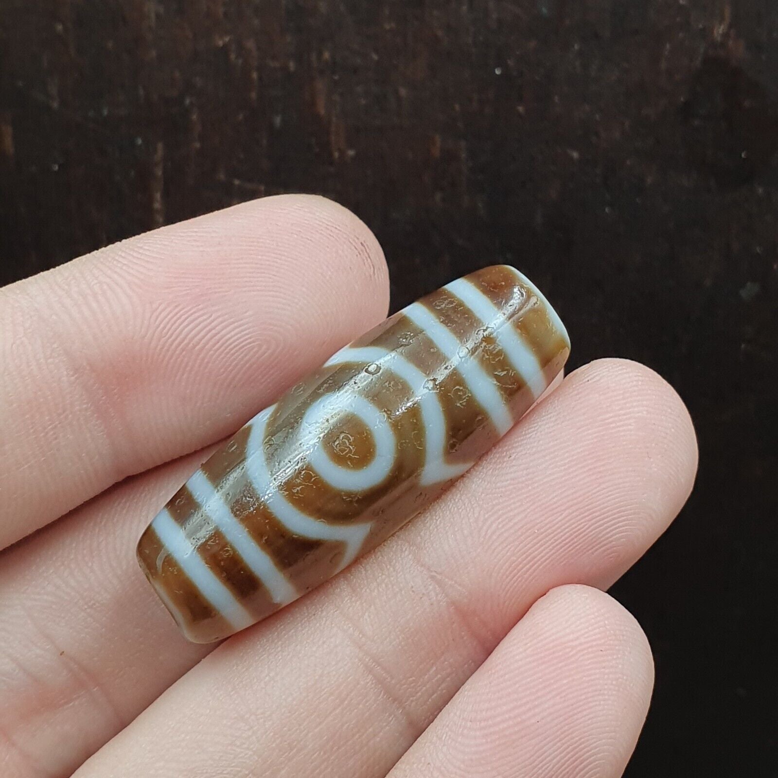 Tibetan Old 3 eyes Agate Dzi Bead Unique Pattern Amulet Pendant STB-13