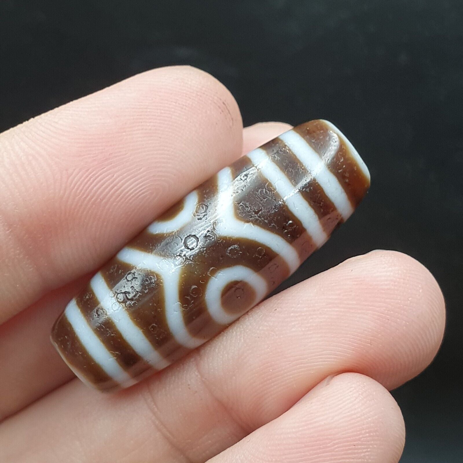 Tibetan Old 3 eyes Agate Dzi Bead Unique Pattern Amulet Pendant STB-13