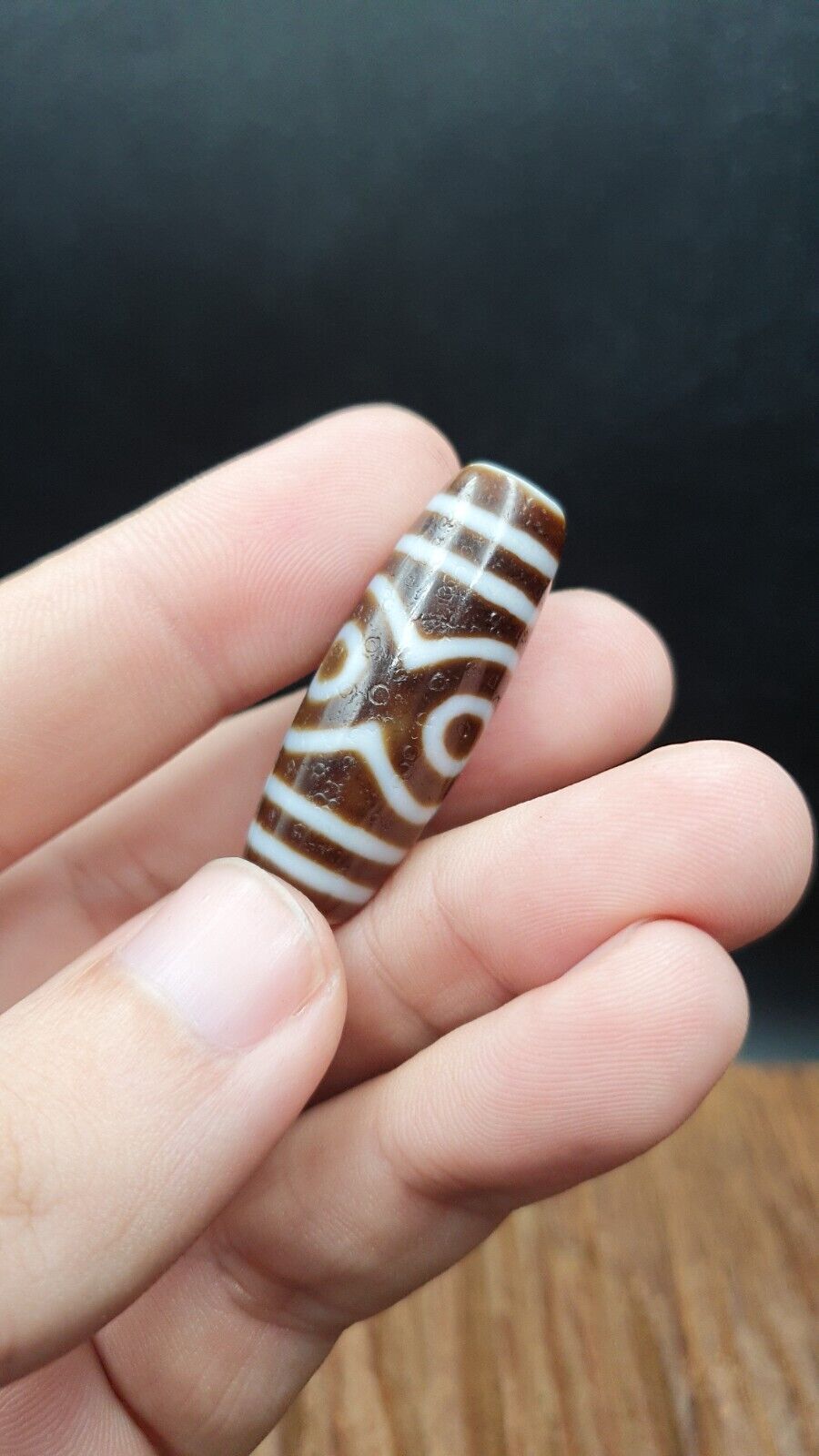 Tibetan Old 3 eyes Agate Dzi Bead Unique Pattern Amulet Pendant STB-13